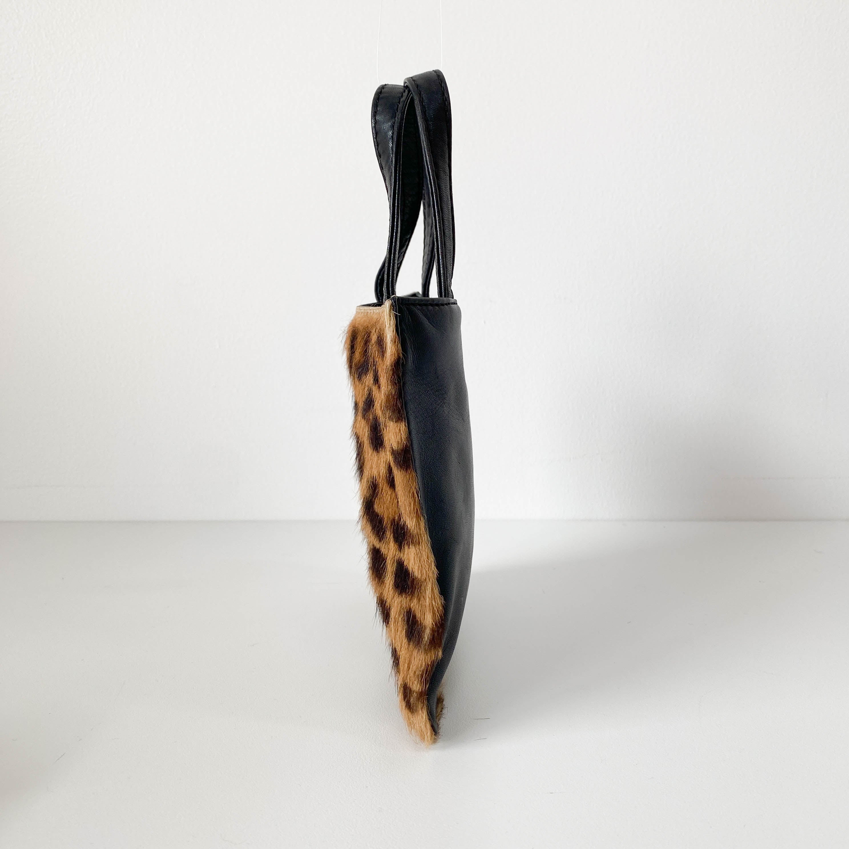 Leopard Print Pony Hair / Black Leather Mini Tote Handbag
