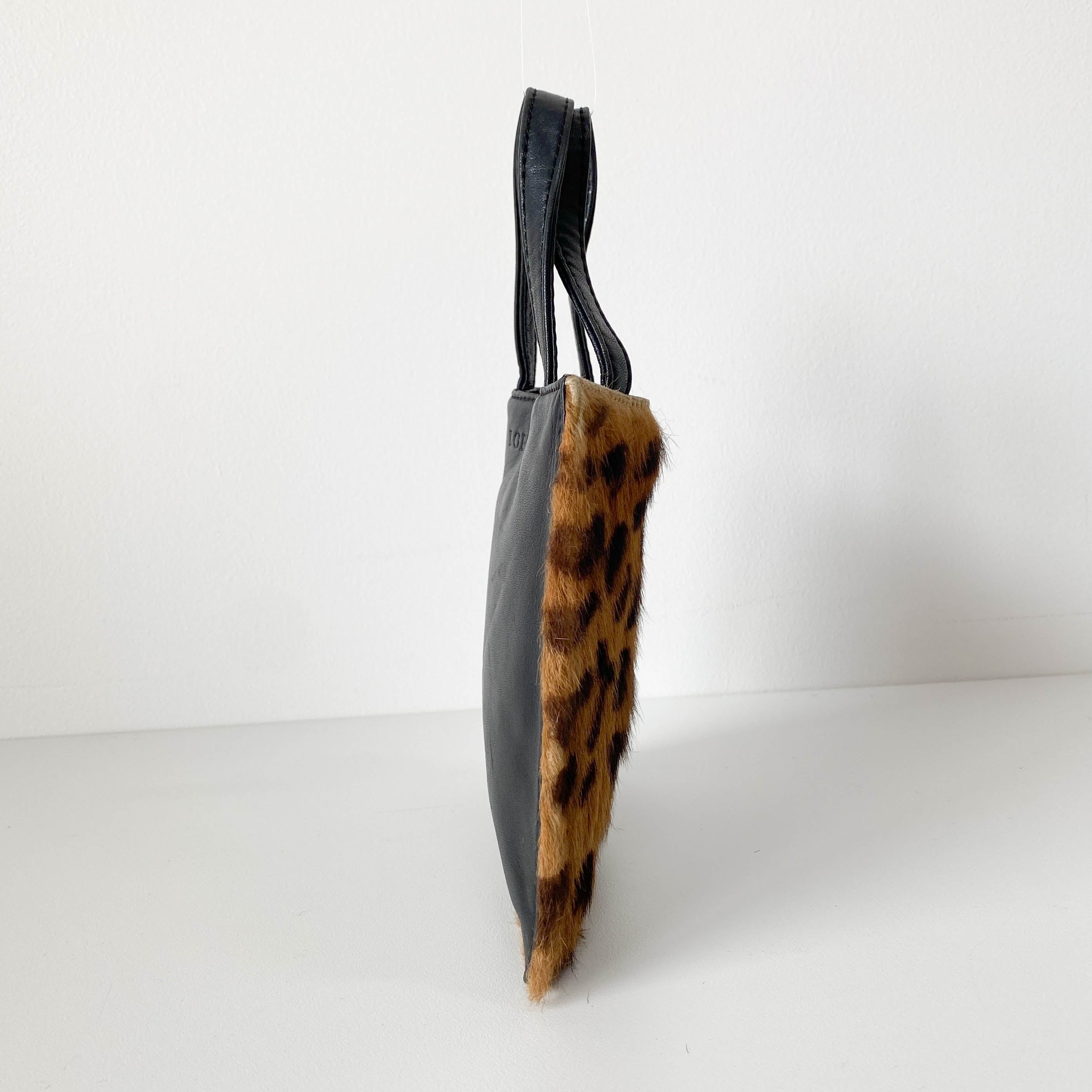 Leopard Print Pony Hair / Black Leather Mini Tote Handbag