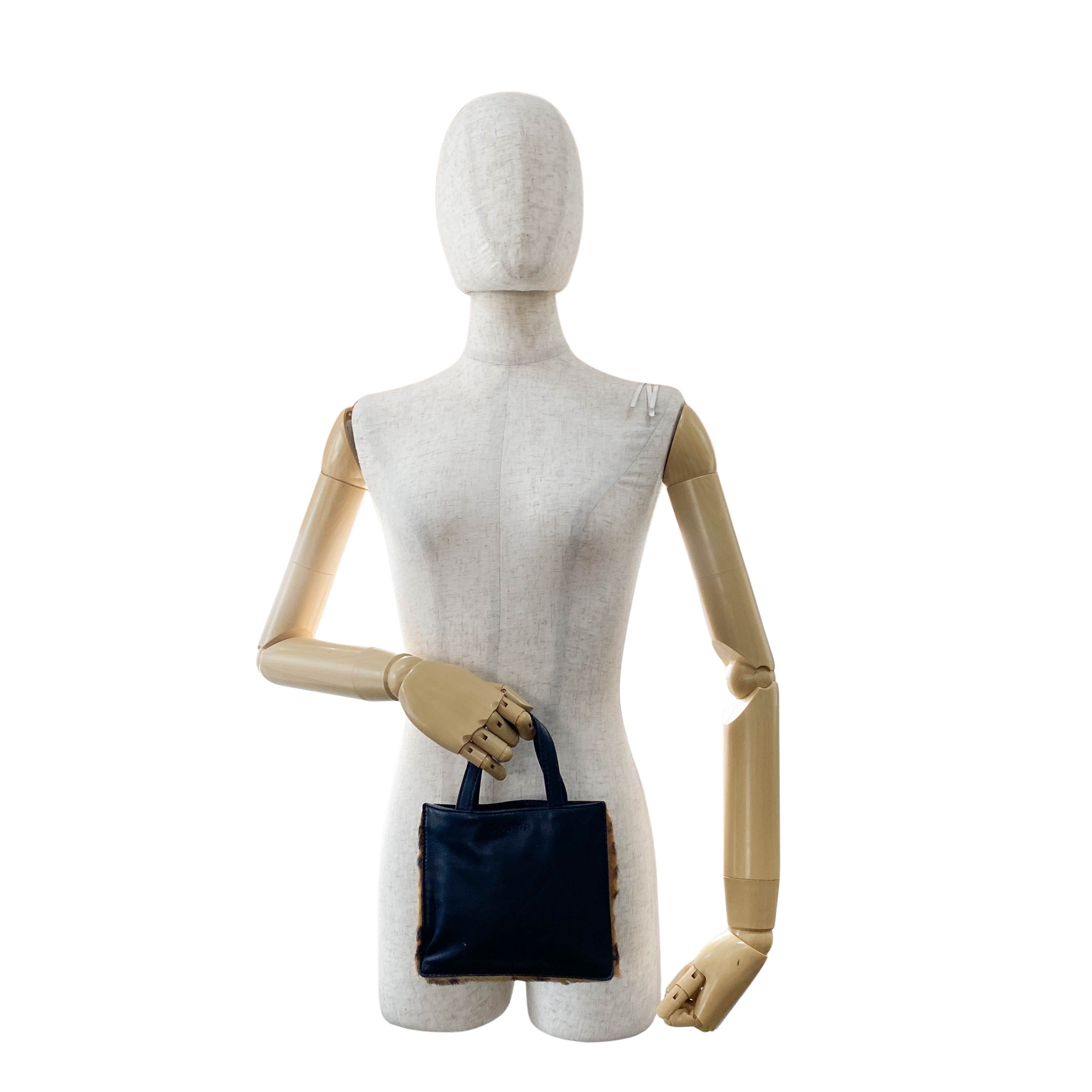 Leopard Print Pony Hair / Black Leather Mini Tote Handbag