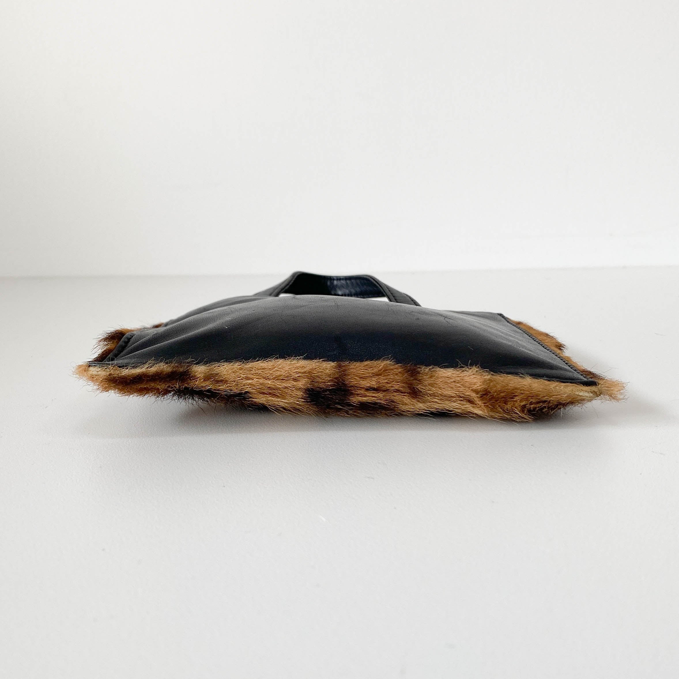 Leopard Print Pony Hair / Black Leather Mini Tote Handbag