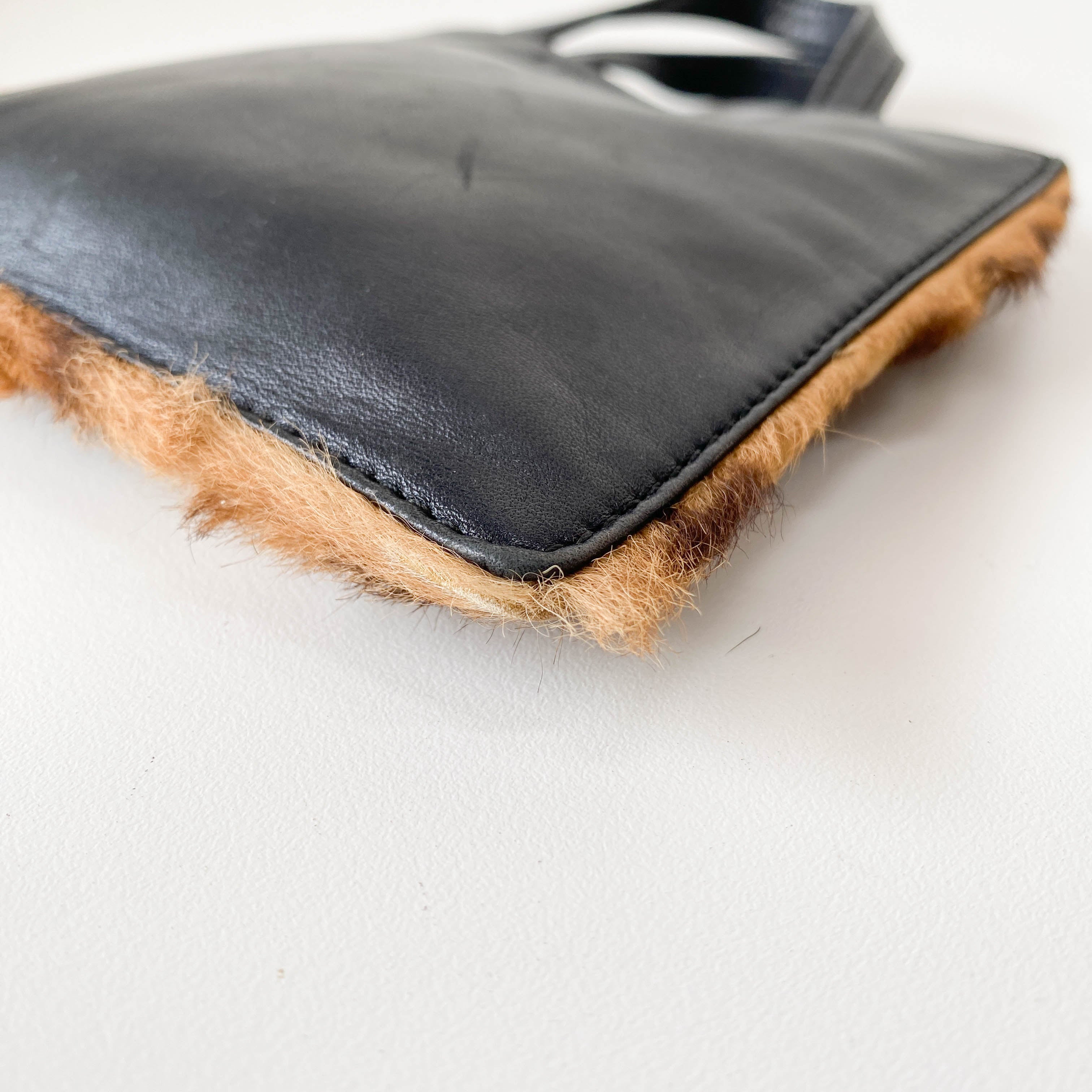 Leopard Print Pony Hair / Black Leather Mini Tote Handbag