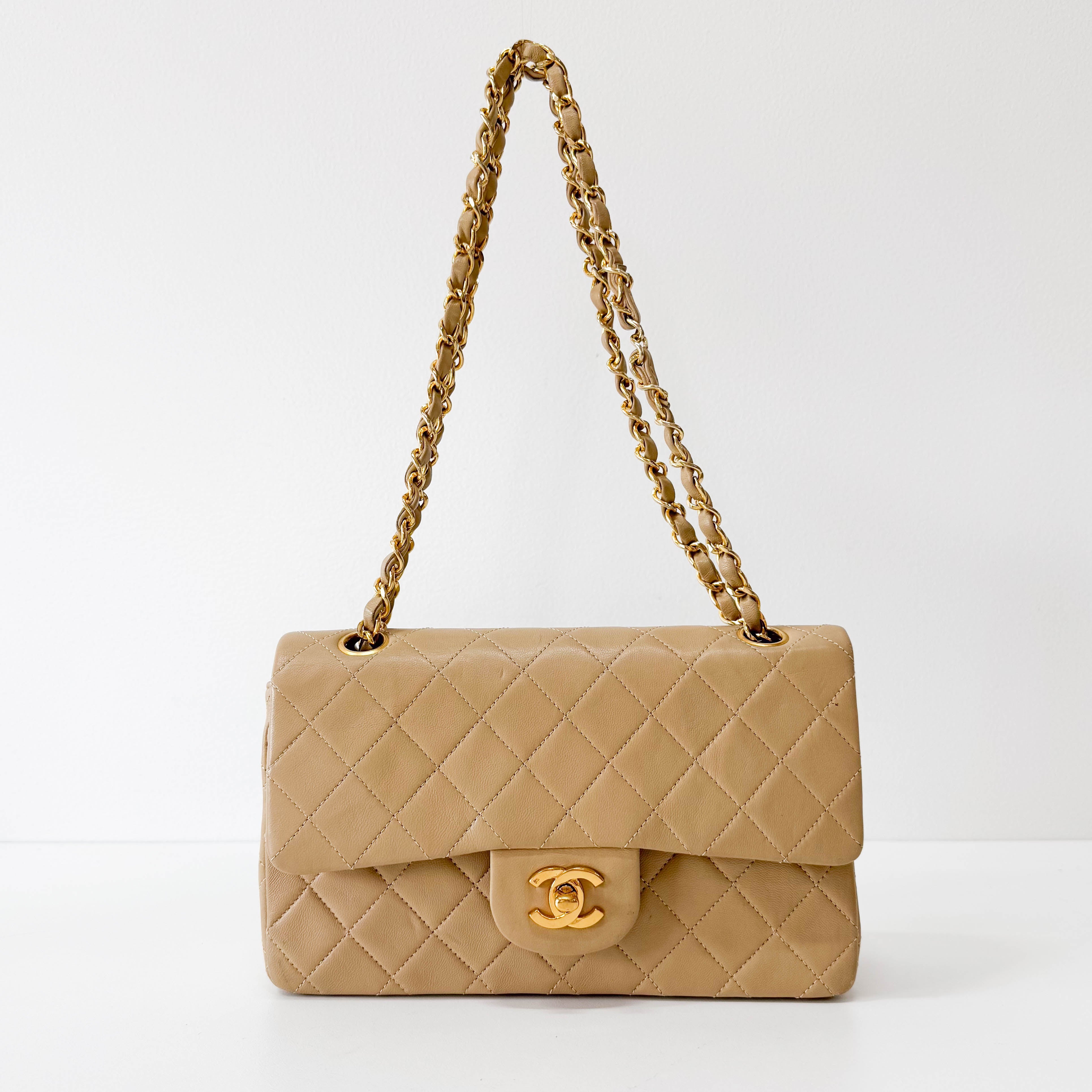 Timeless Classic Double Flap Beige Lamskin Chain Shoulder Bag 23