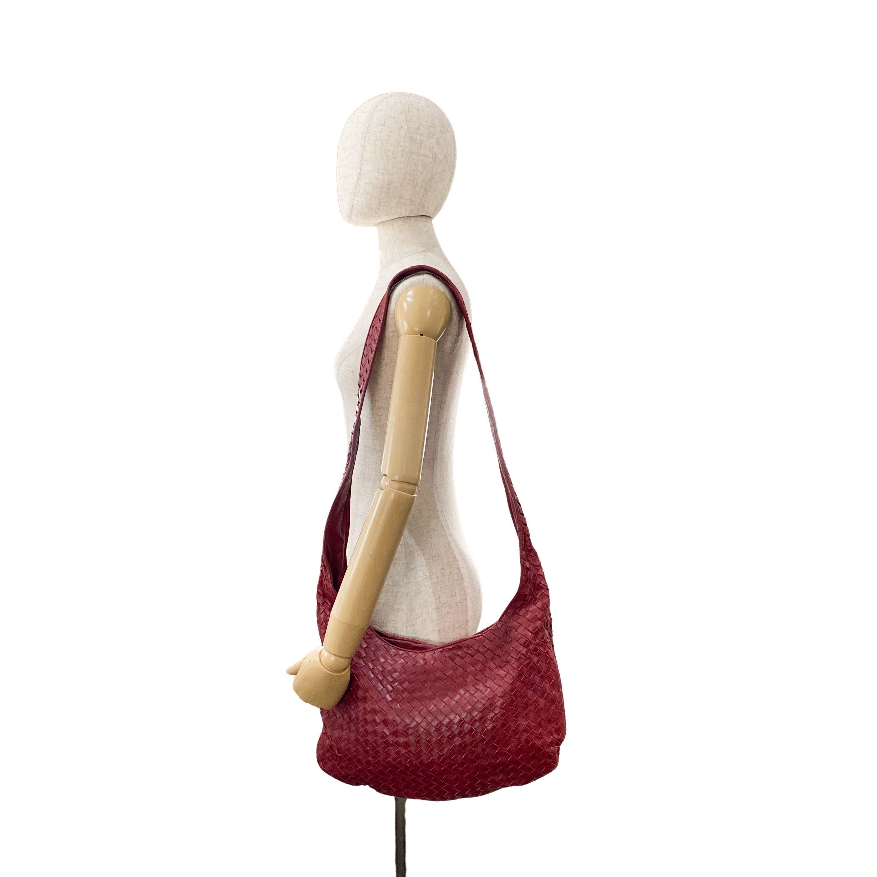 Burgundy Intrecciato Leather Shoulder Bag