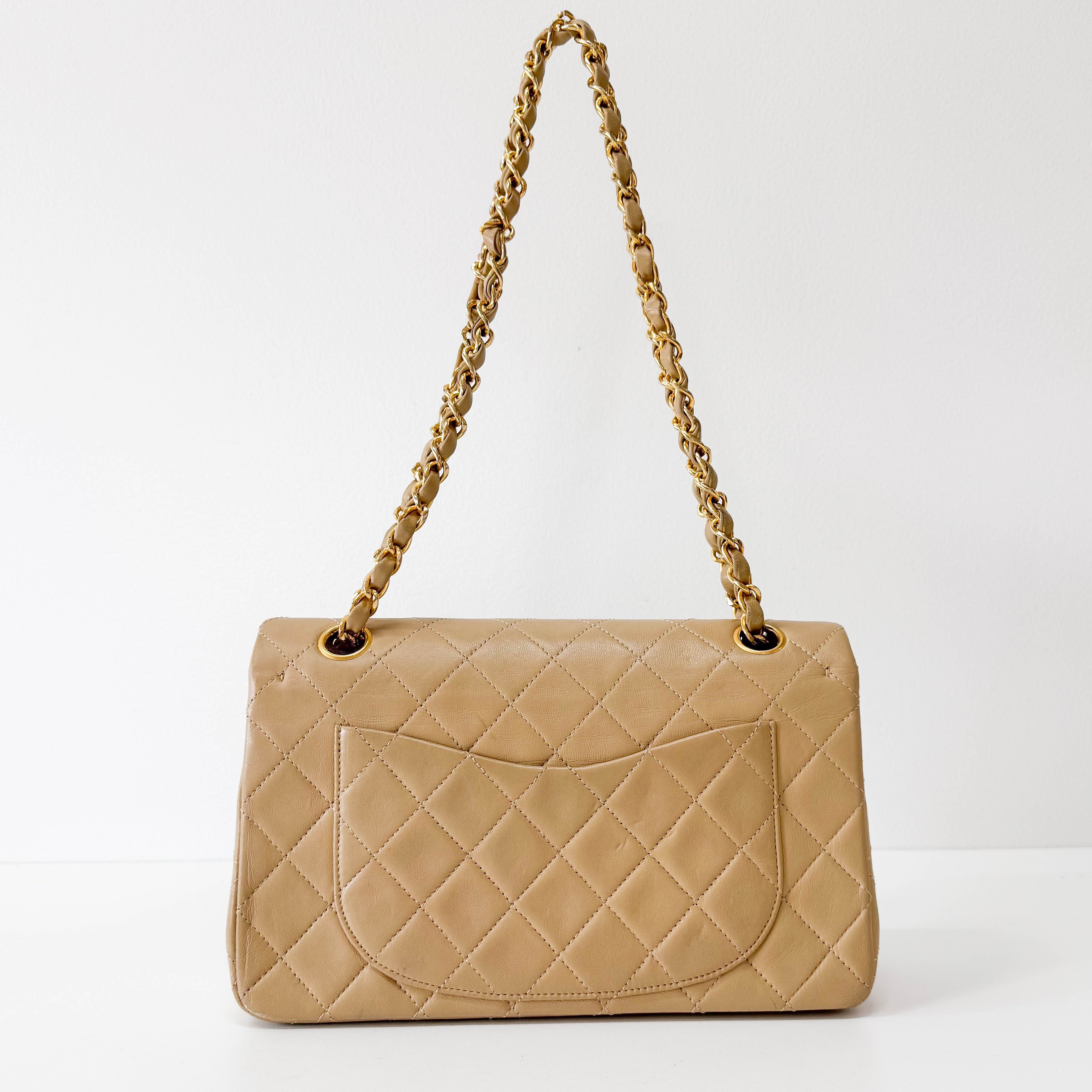 Timeless Classic Double Flap Beige Lamskin Chain Shoulder Bag 23