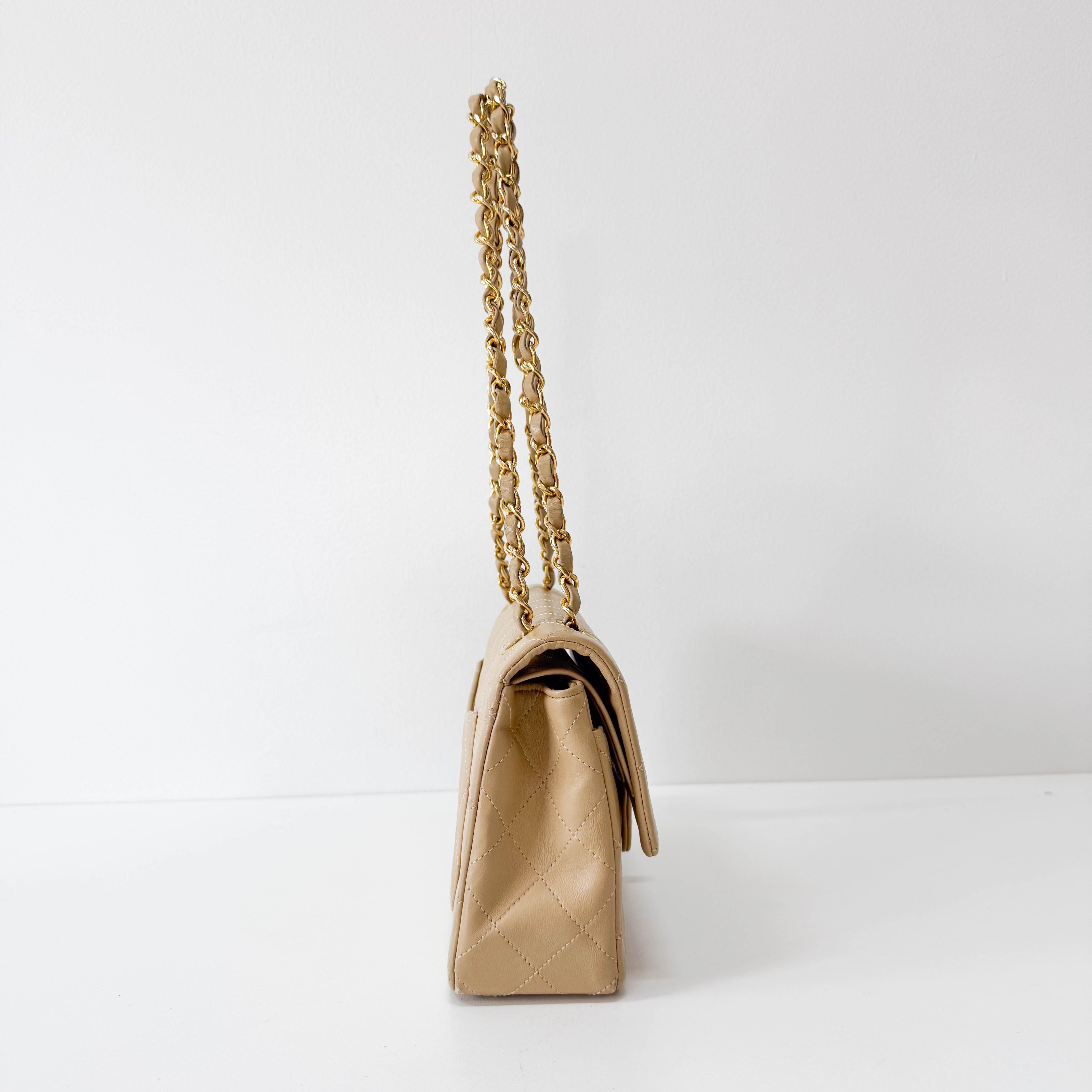 Timeless Classic Double Flap Beige Lamskin Chain Shoulder Bag 23