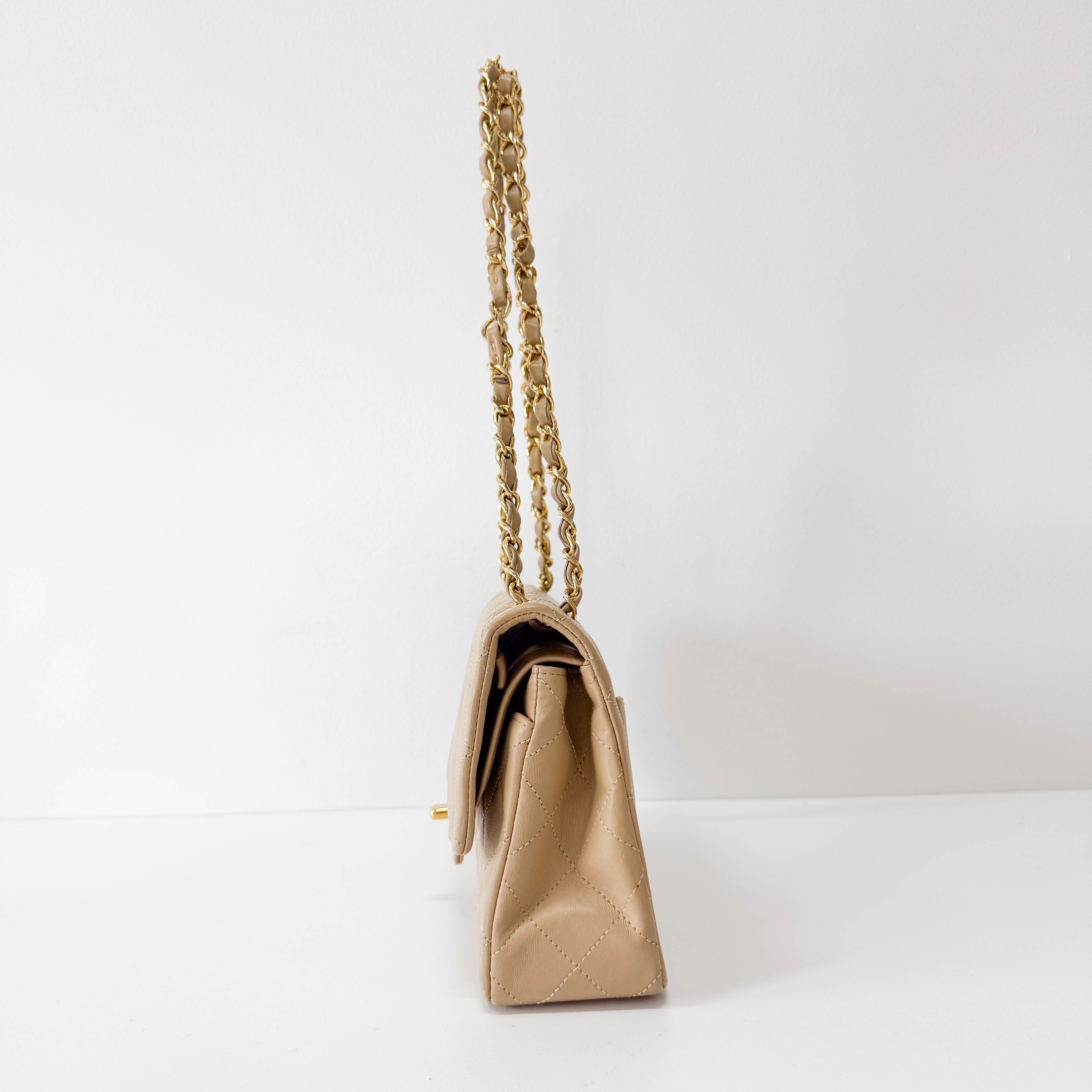 Timeless Classic Double Flap Beige Lamskin Chain Shoulder Bag 23