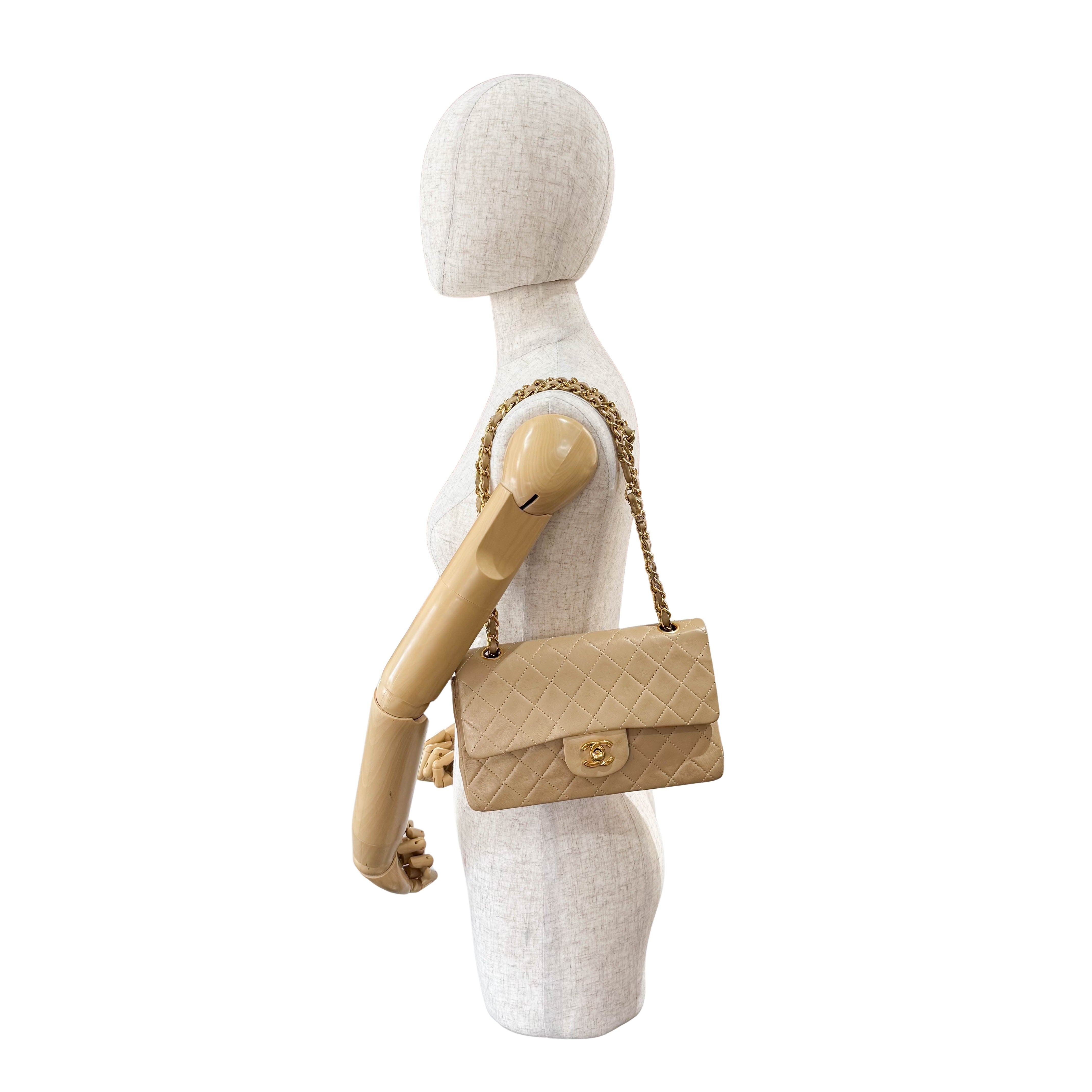 Timeless Classic Double Flap Beige Lamskin Chain Shoulder Bag 23