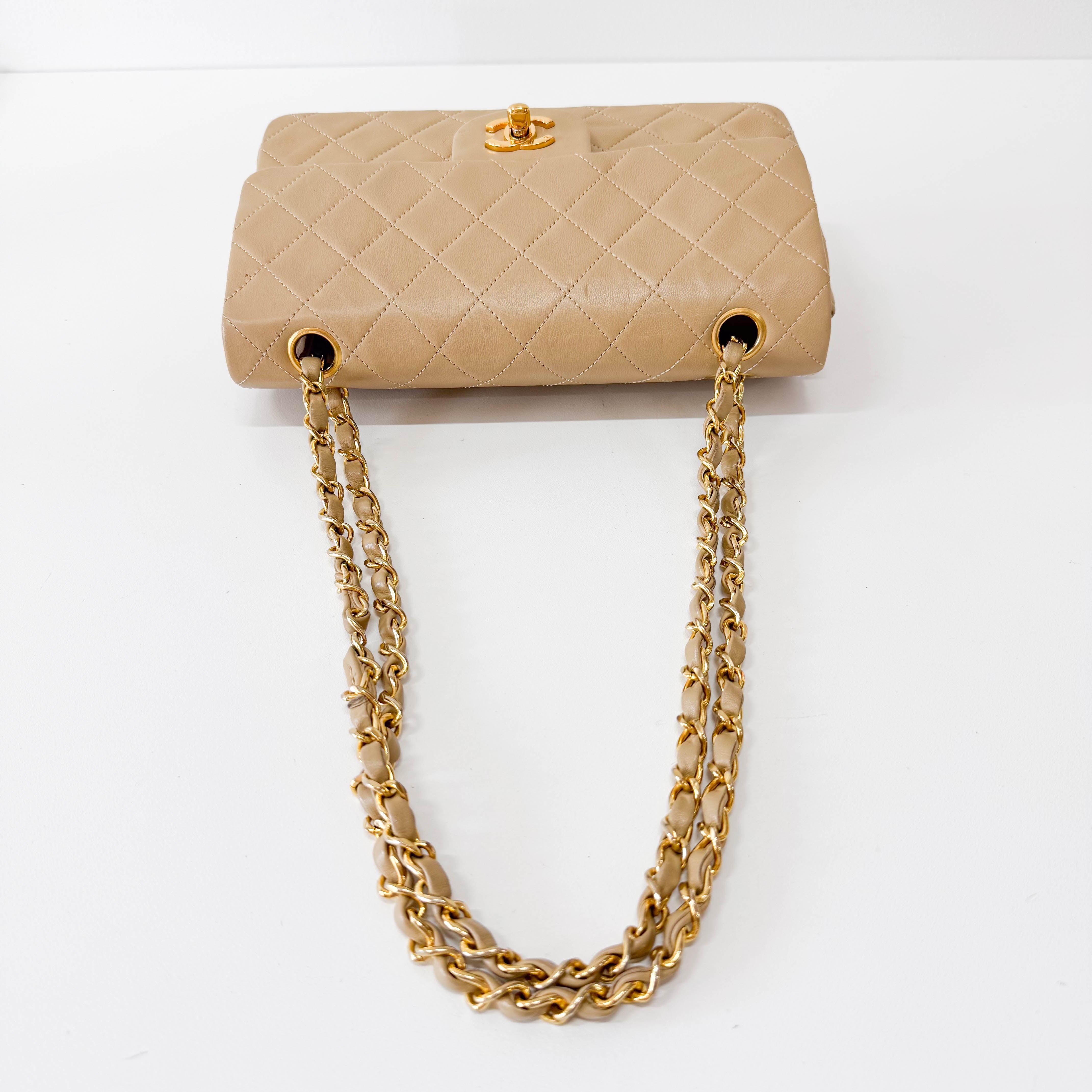 Timeless Classic Double Flap Beige Lamskin Chain Shoulder Bag 23