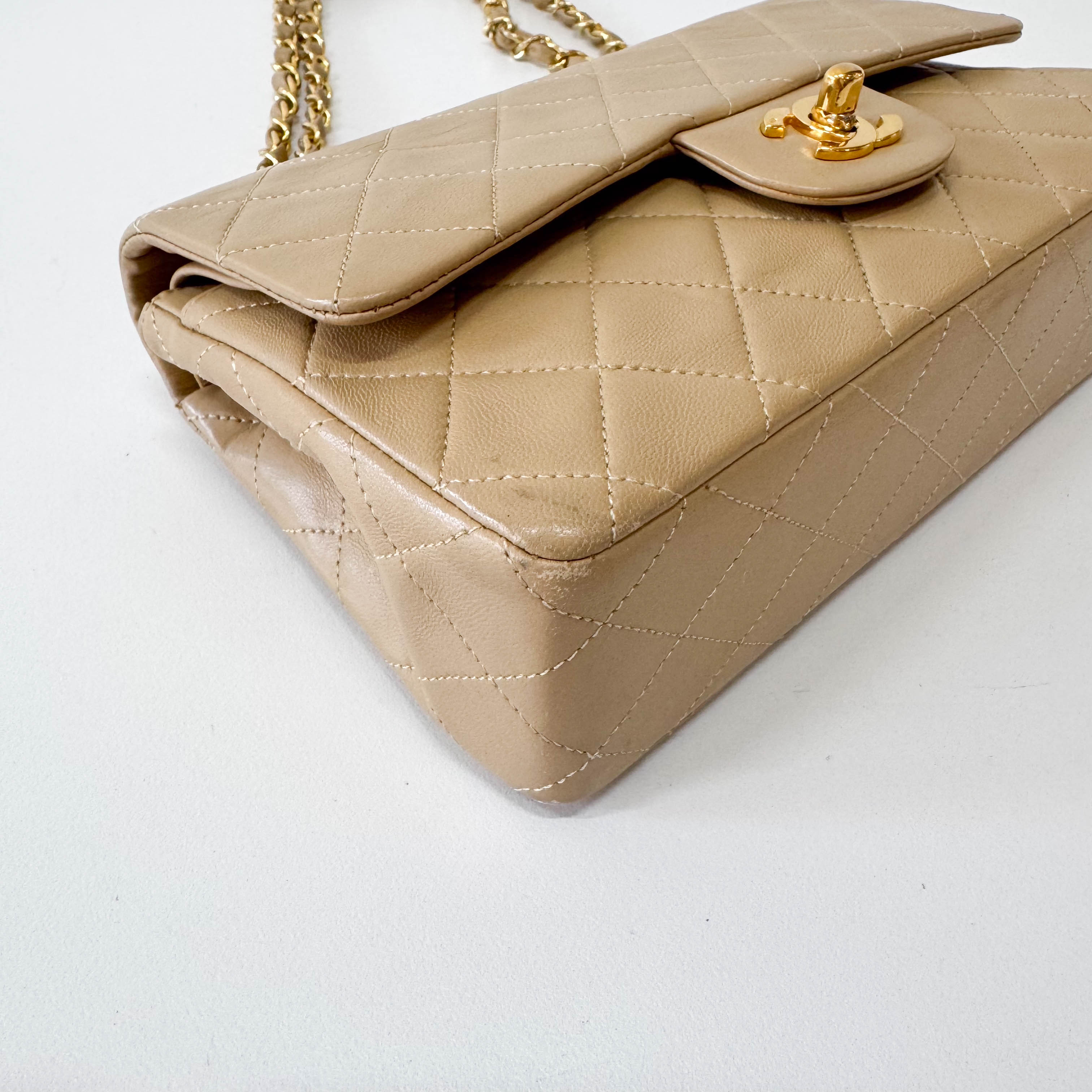Timeless Classic Double Flap Beige Lamskin Chain Shoulder Bag 23