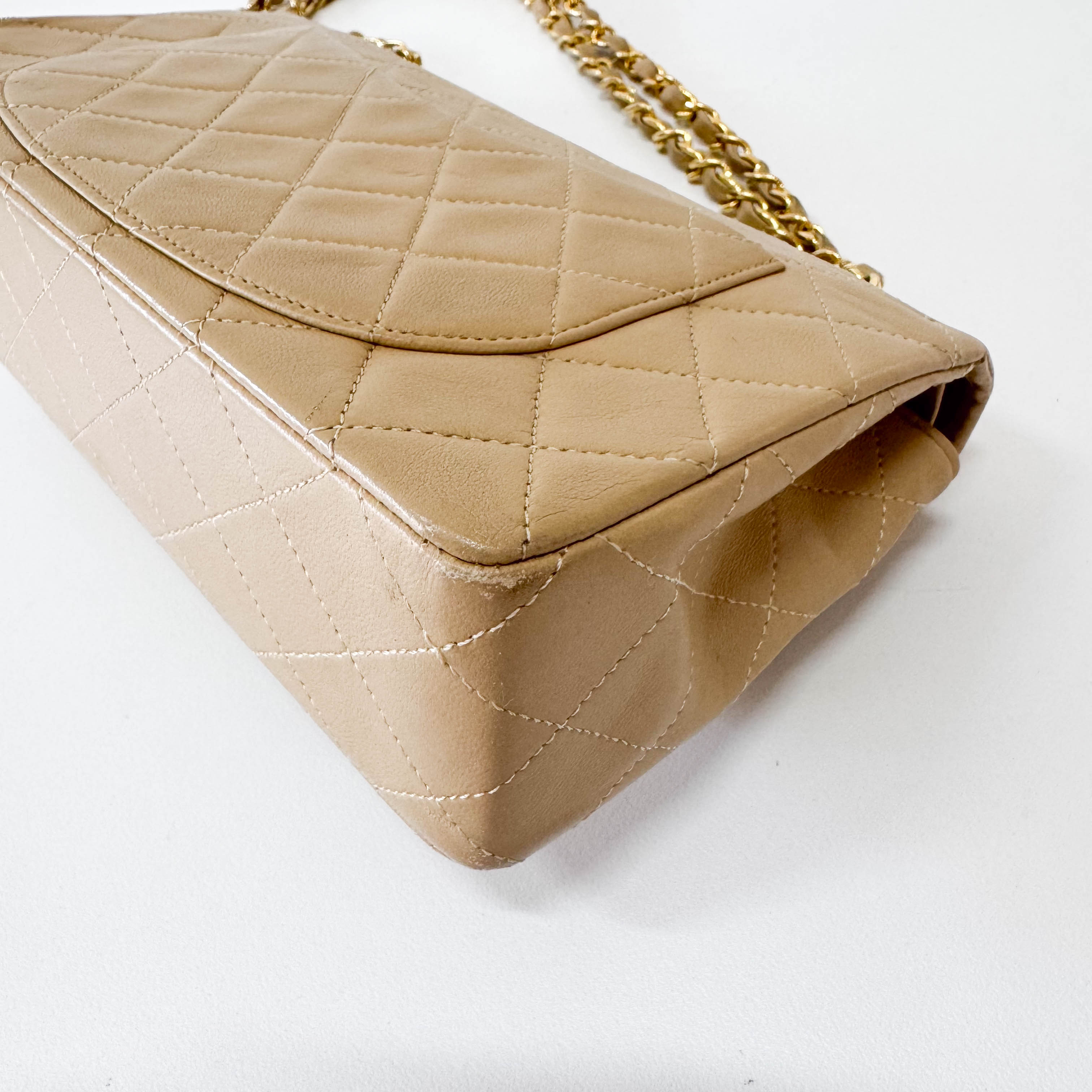 Timeless Classic Double Flap Beige Lamskin Chain Shoulder Bag 23