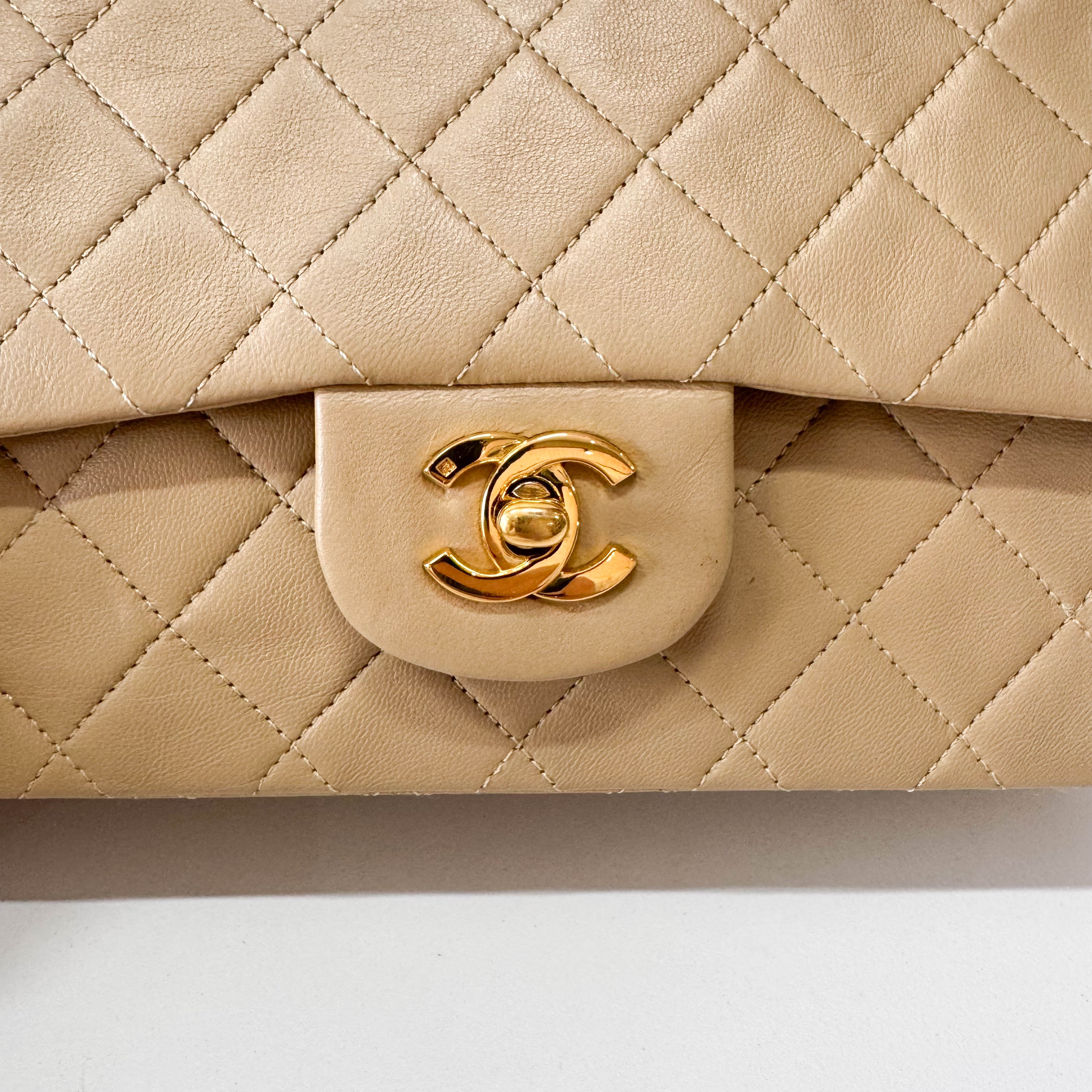 Timeless Classic Double Flap Beige Lamskin Chain Shoulder Bag 23