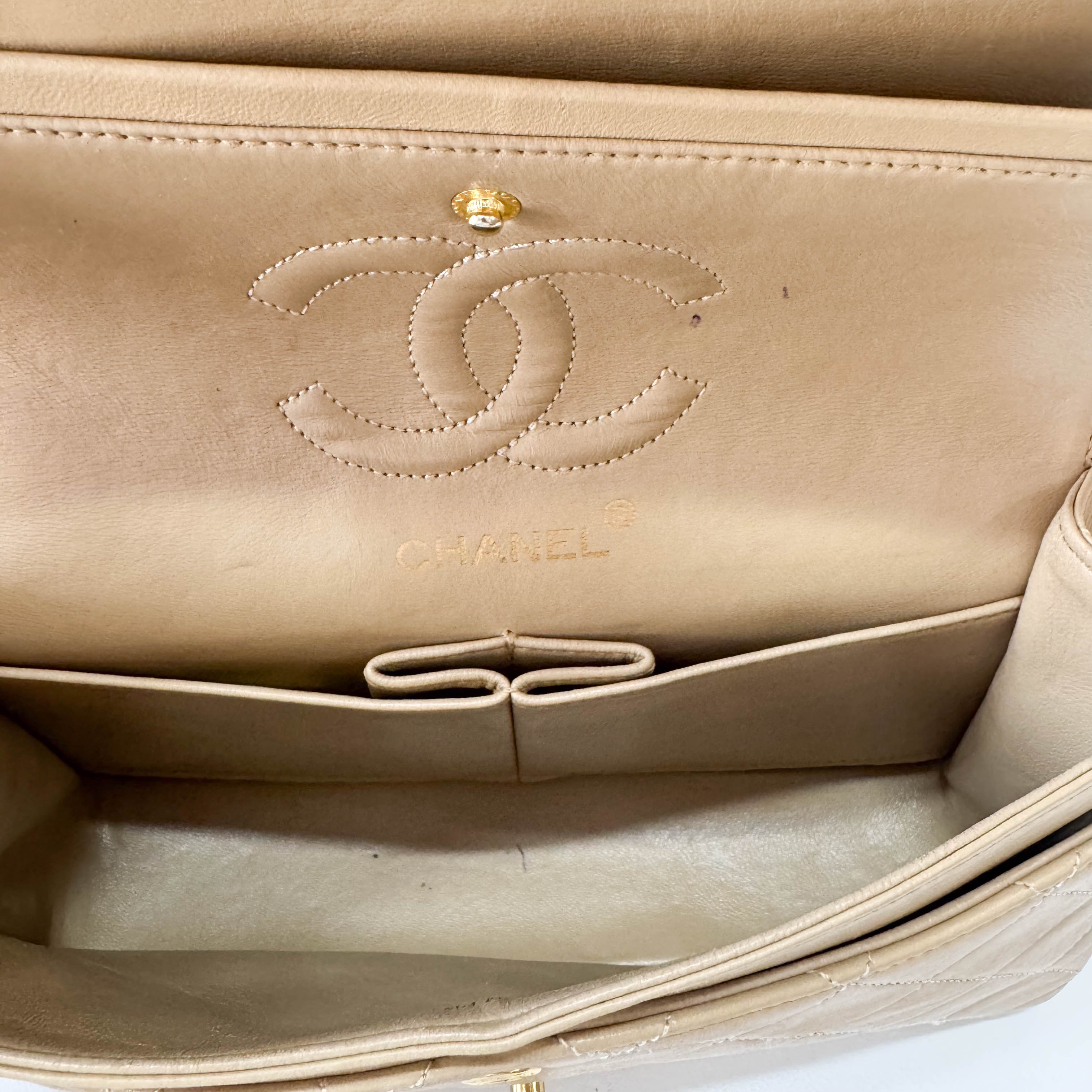 Timeless Classic Double Flap Beige Lamskin Chain Shoulder Bag 23