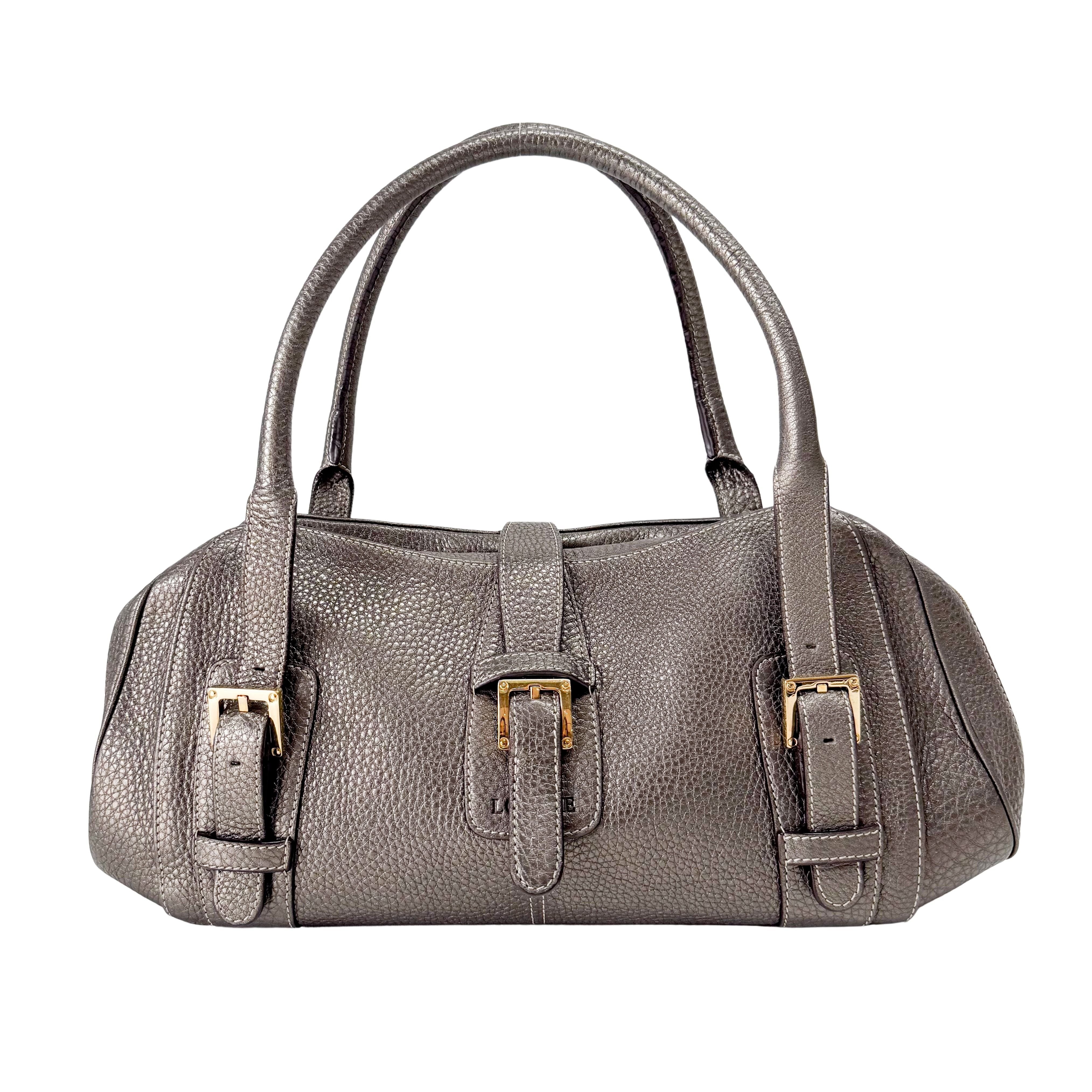 Grey Leather Boston Shoulder Bag