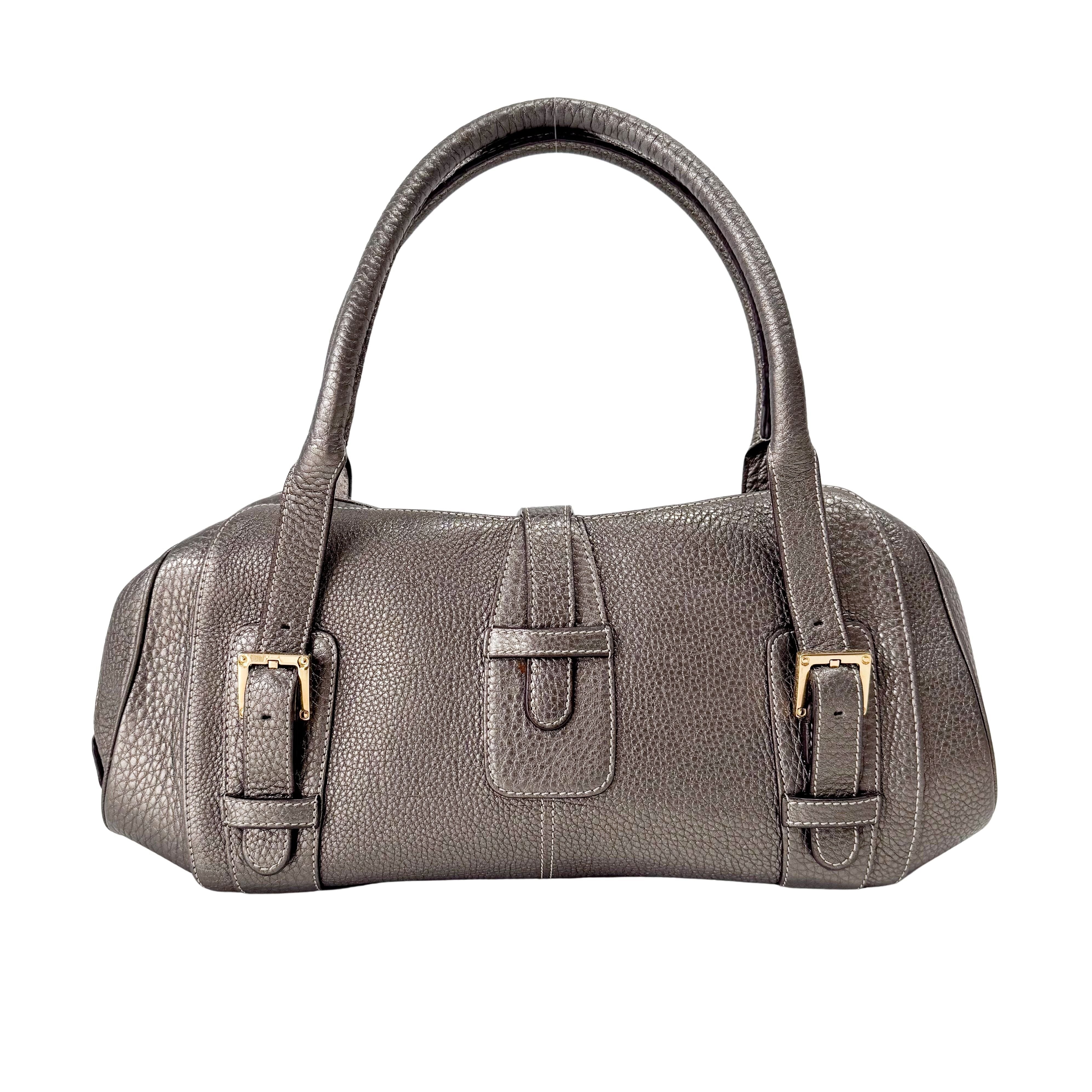 Grey Leather Boston Shoulder Bag