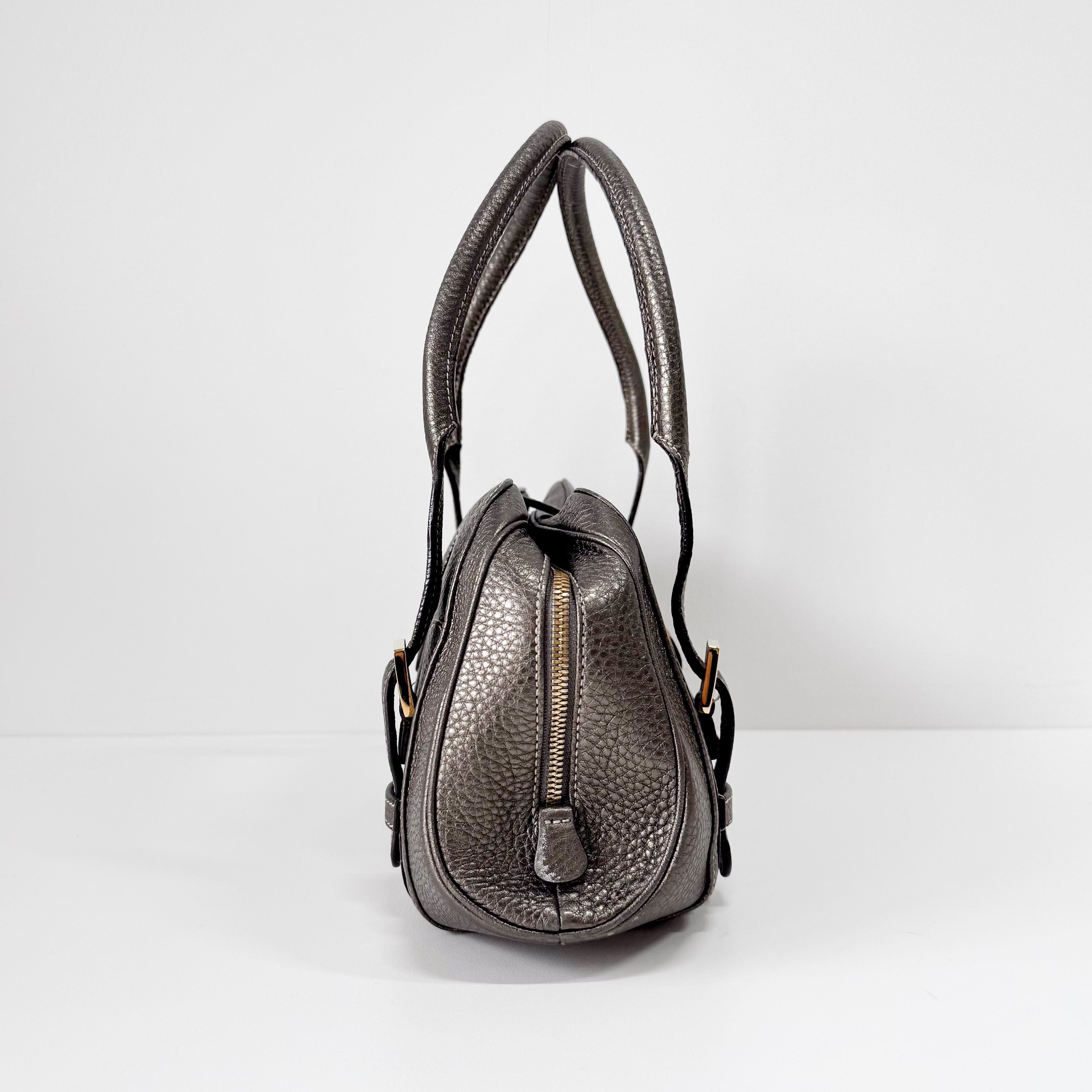 Grey Leather Boston Shoulder Bag