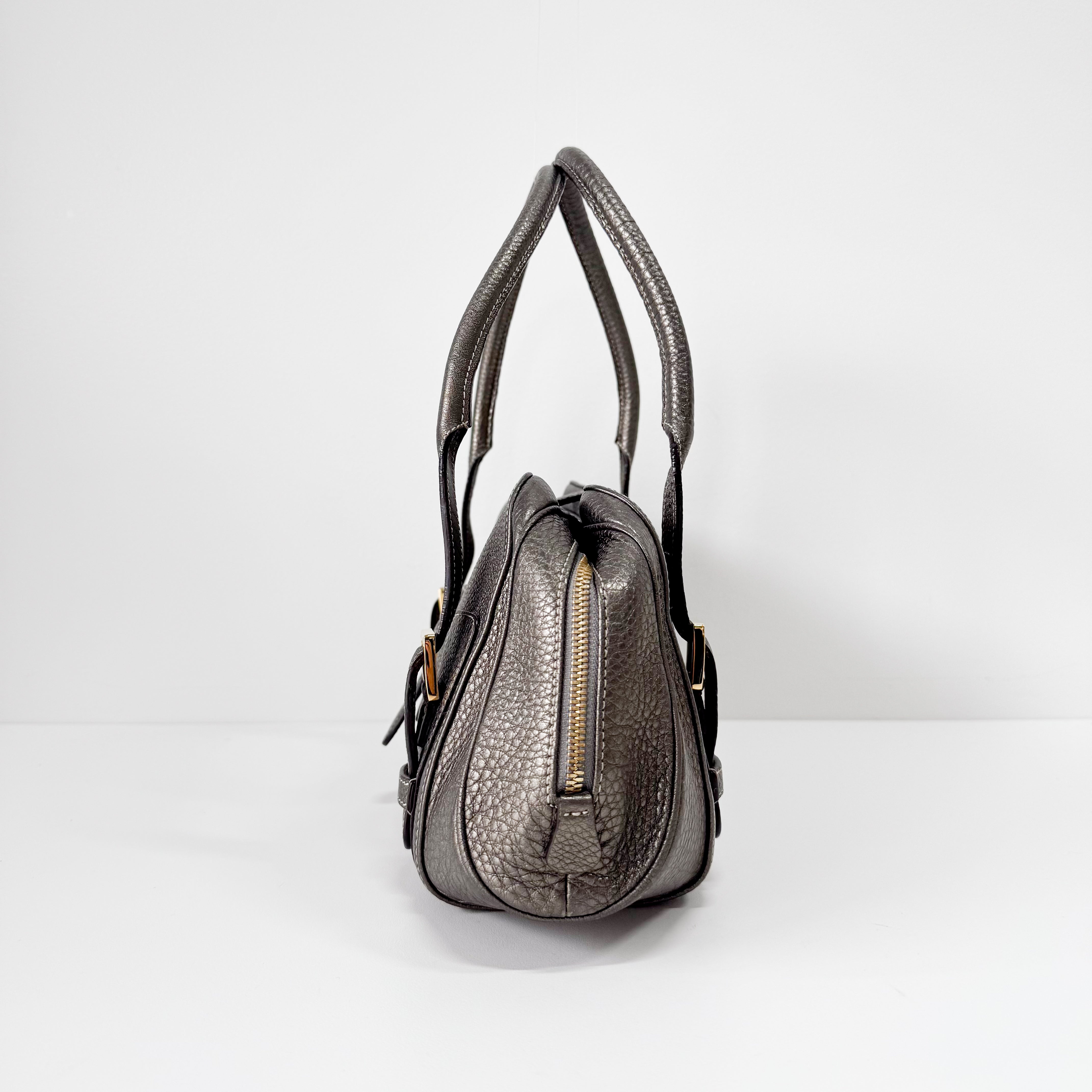 Grey Leather Boston Shoulder Bag