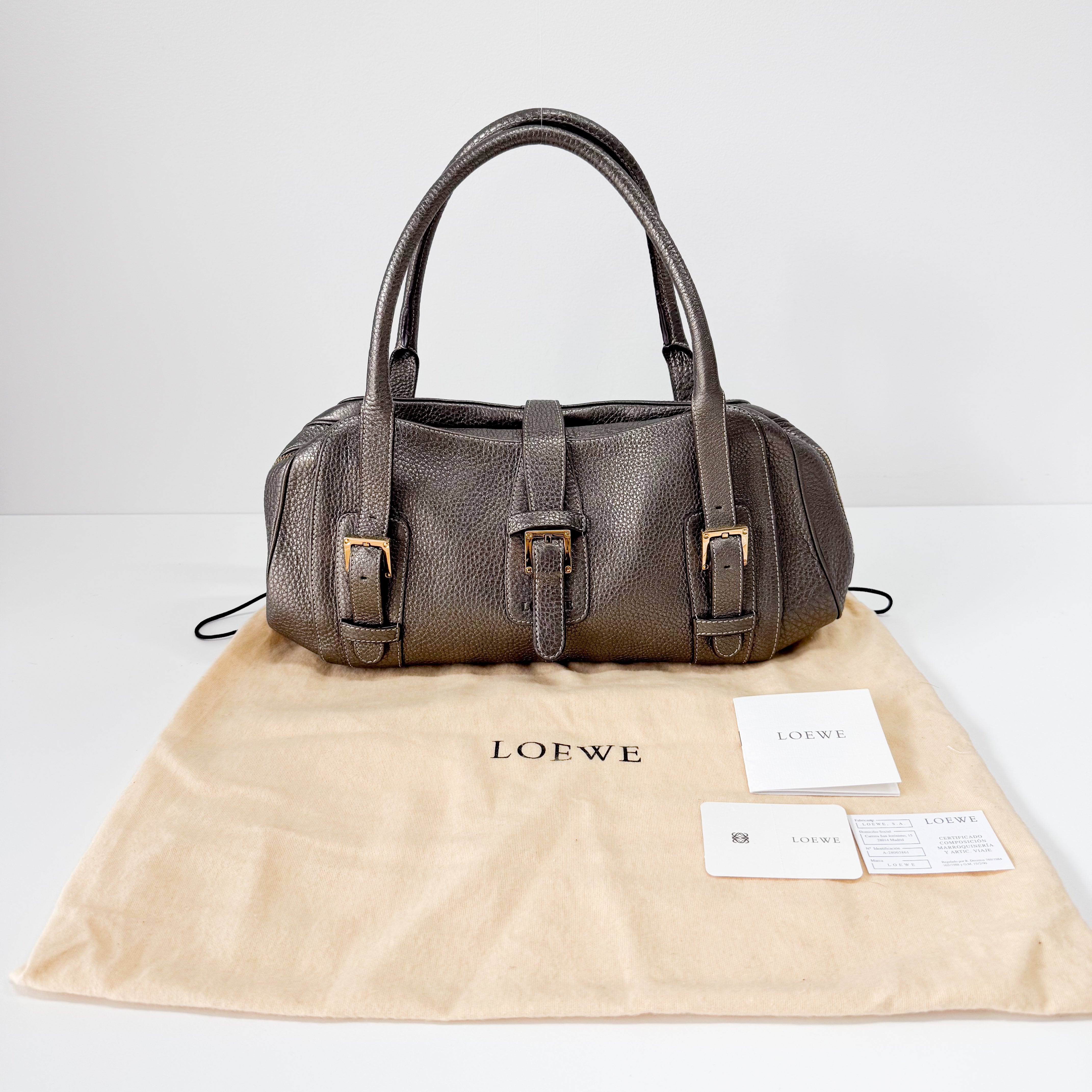 Grey Leather Boston Shoulder Bag