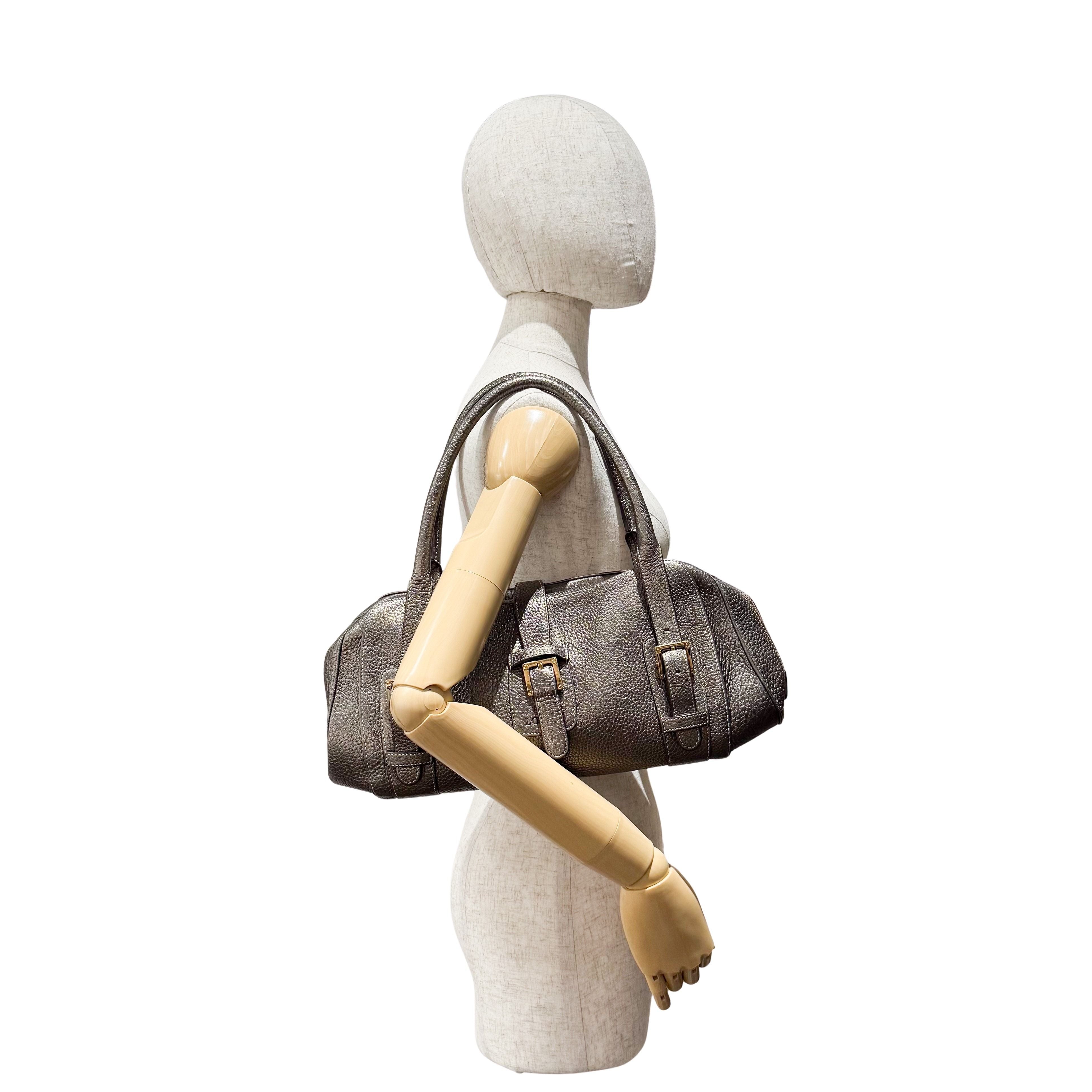 Grey Leather Boston Shoulder Bag