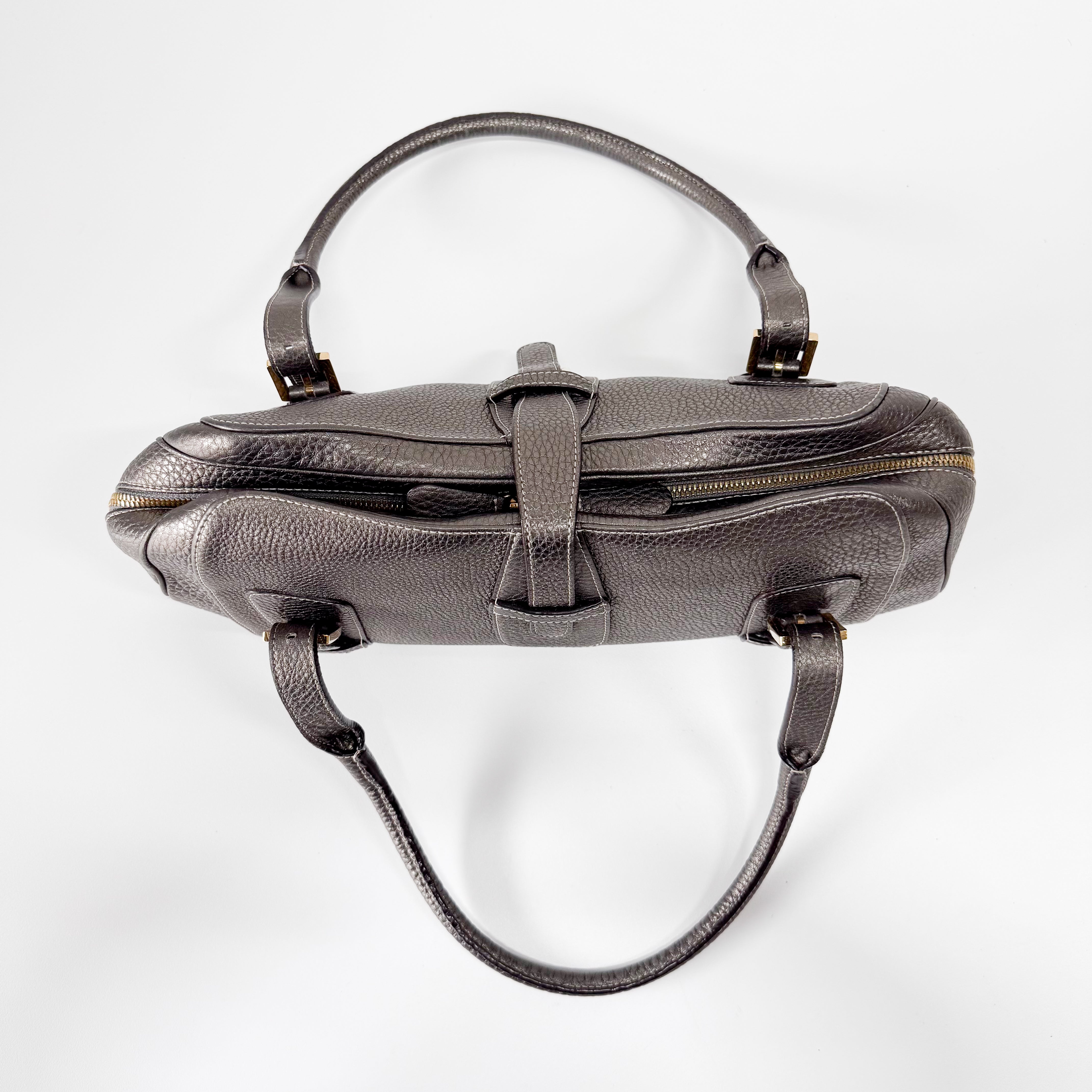 Grey Leather Boston Shoulder Bag