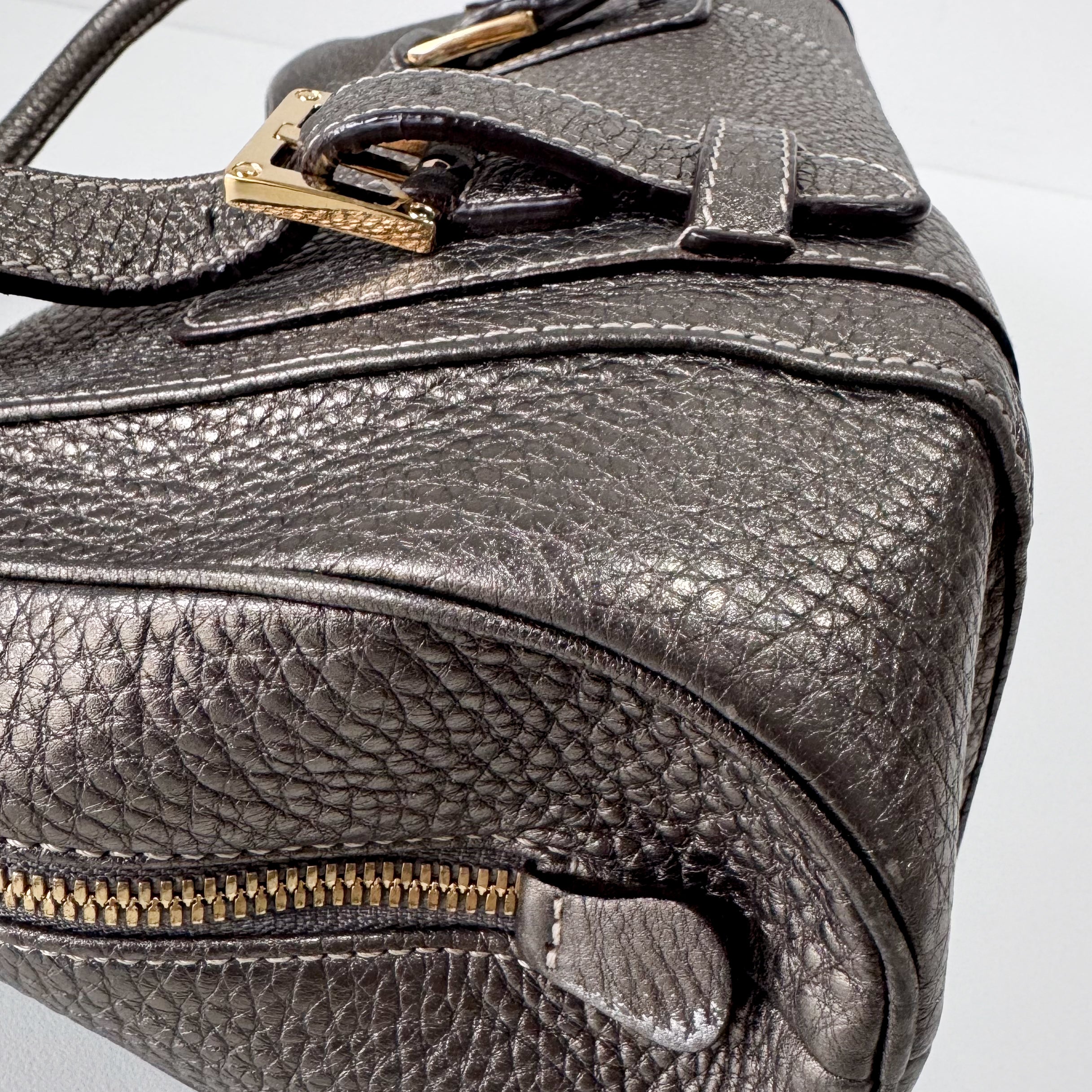 Grey Leather Boston Shoulder Bag