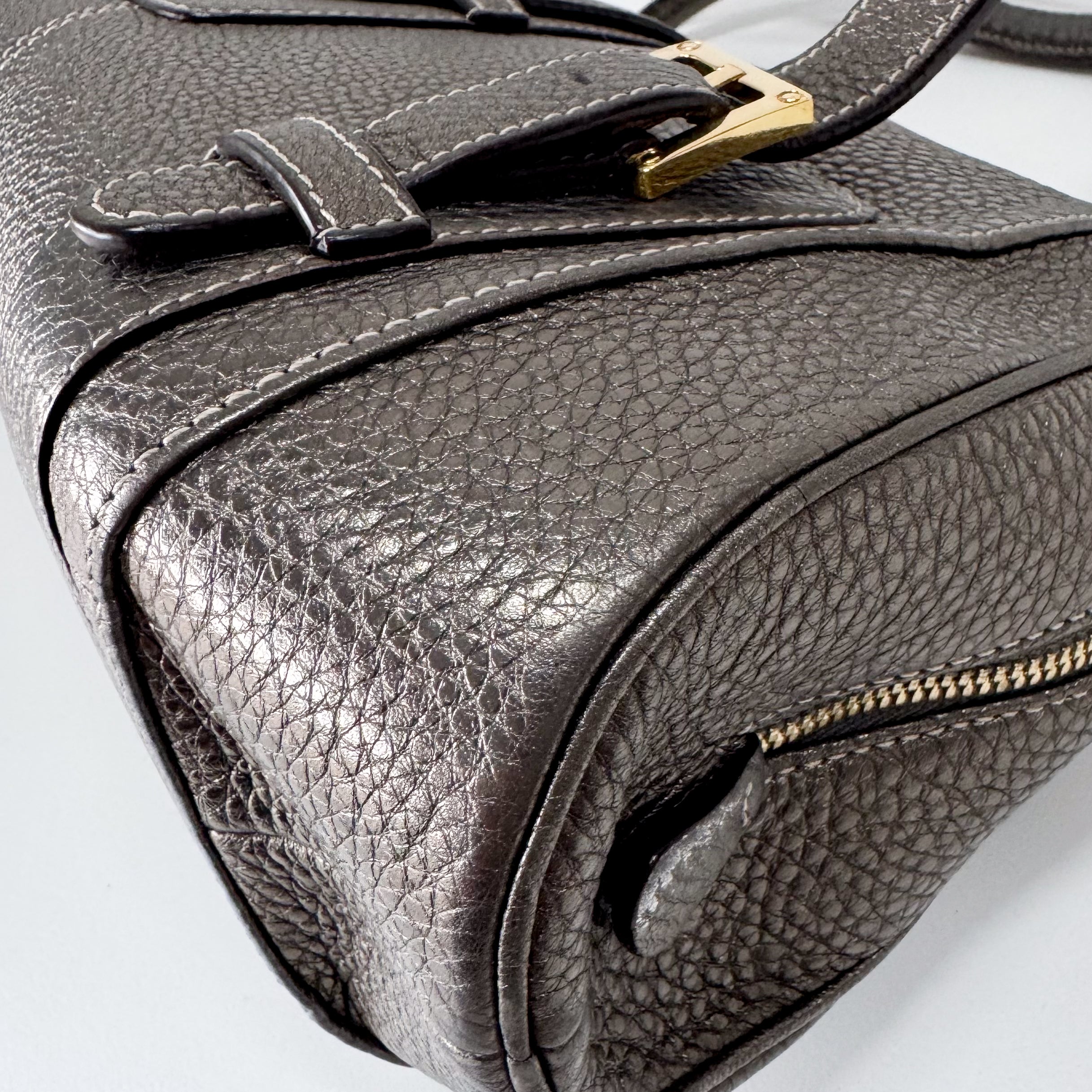 Grey Leather Boston Shoulder Bag