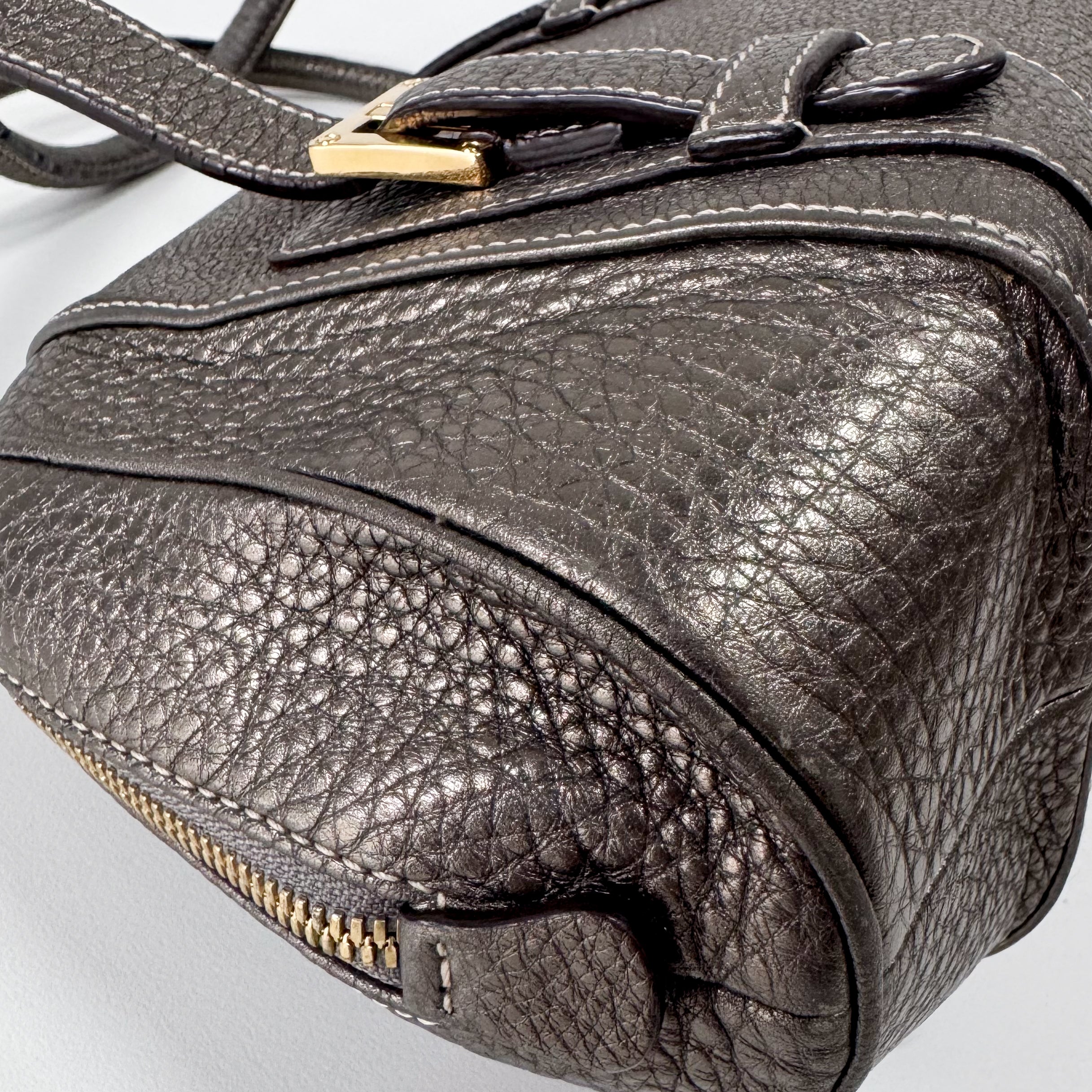 Grey Leather Boston Shoulder Bag