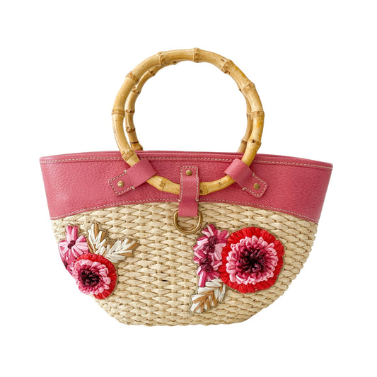 Pink Flowers Embroidery Basket Bag