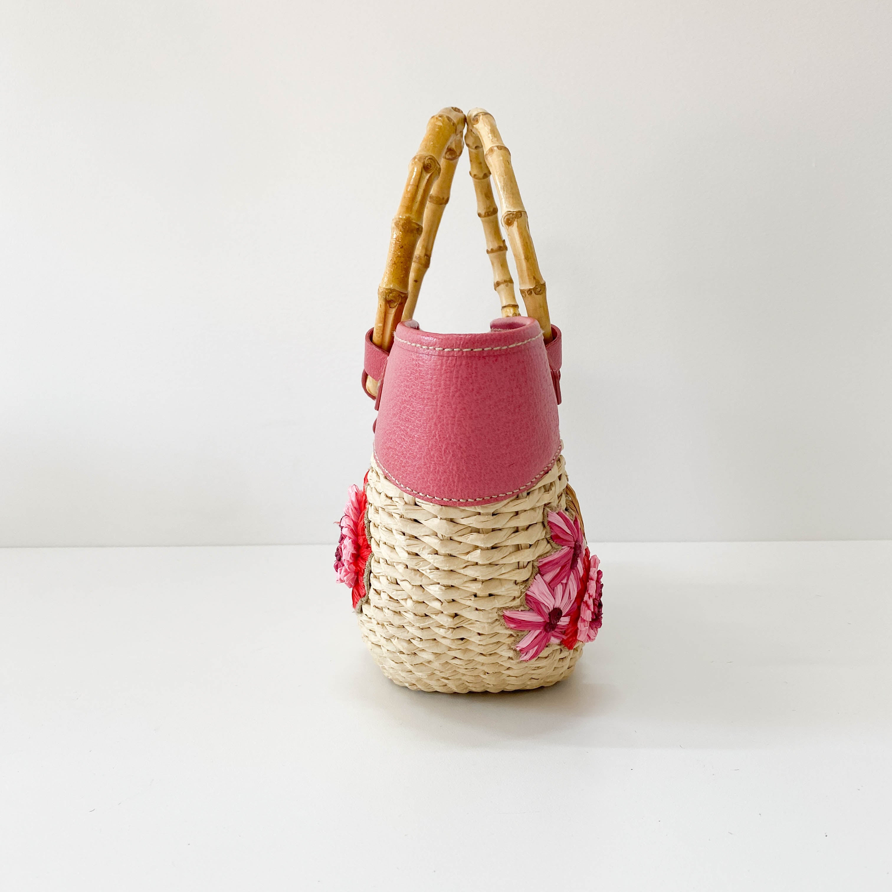 Pink Flowers Embroidery Basket Bag