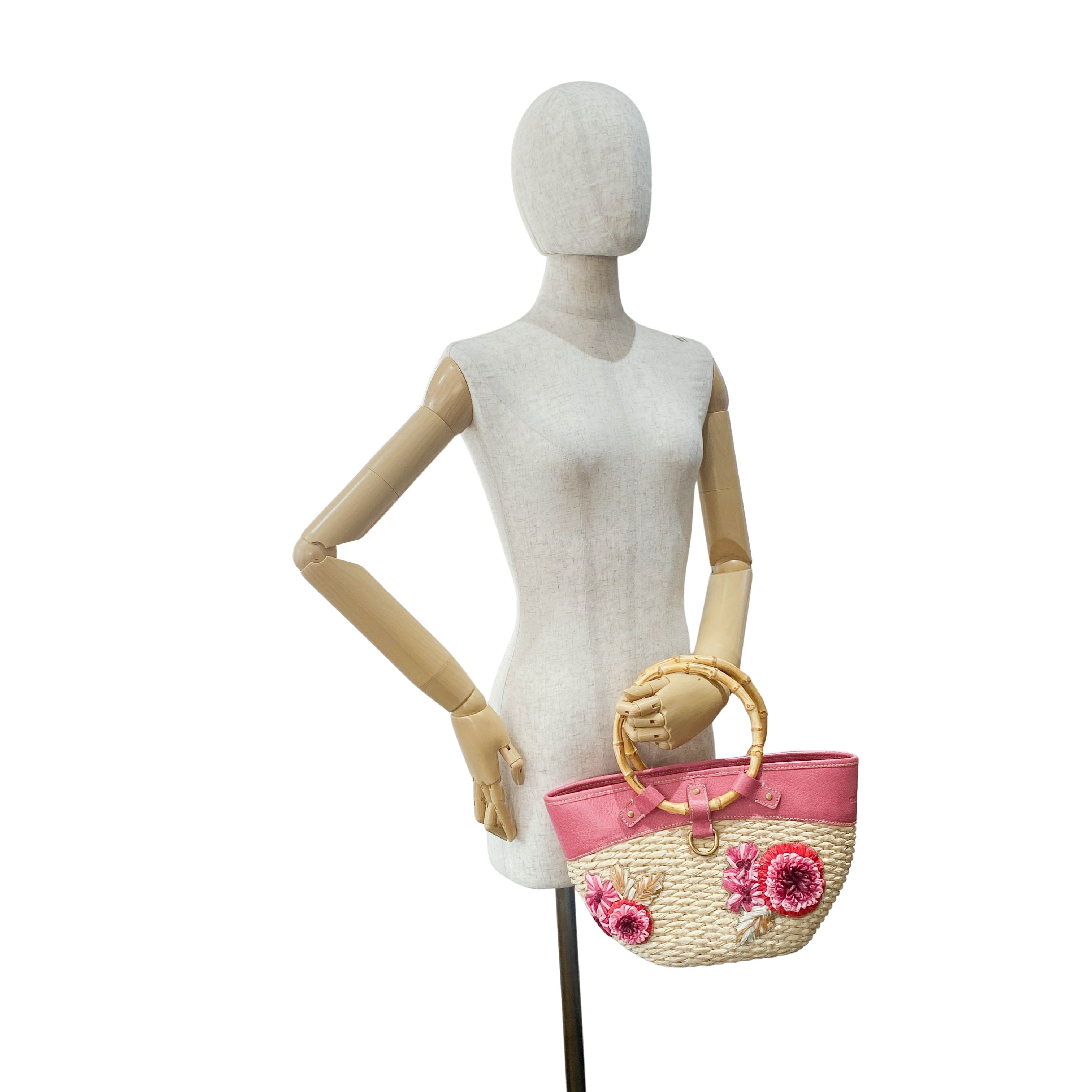 Pink Flowers Embroidery Basket Bag
