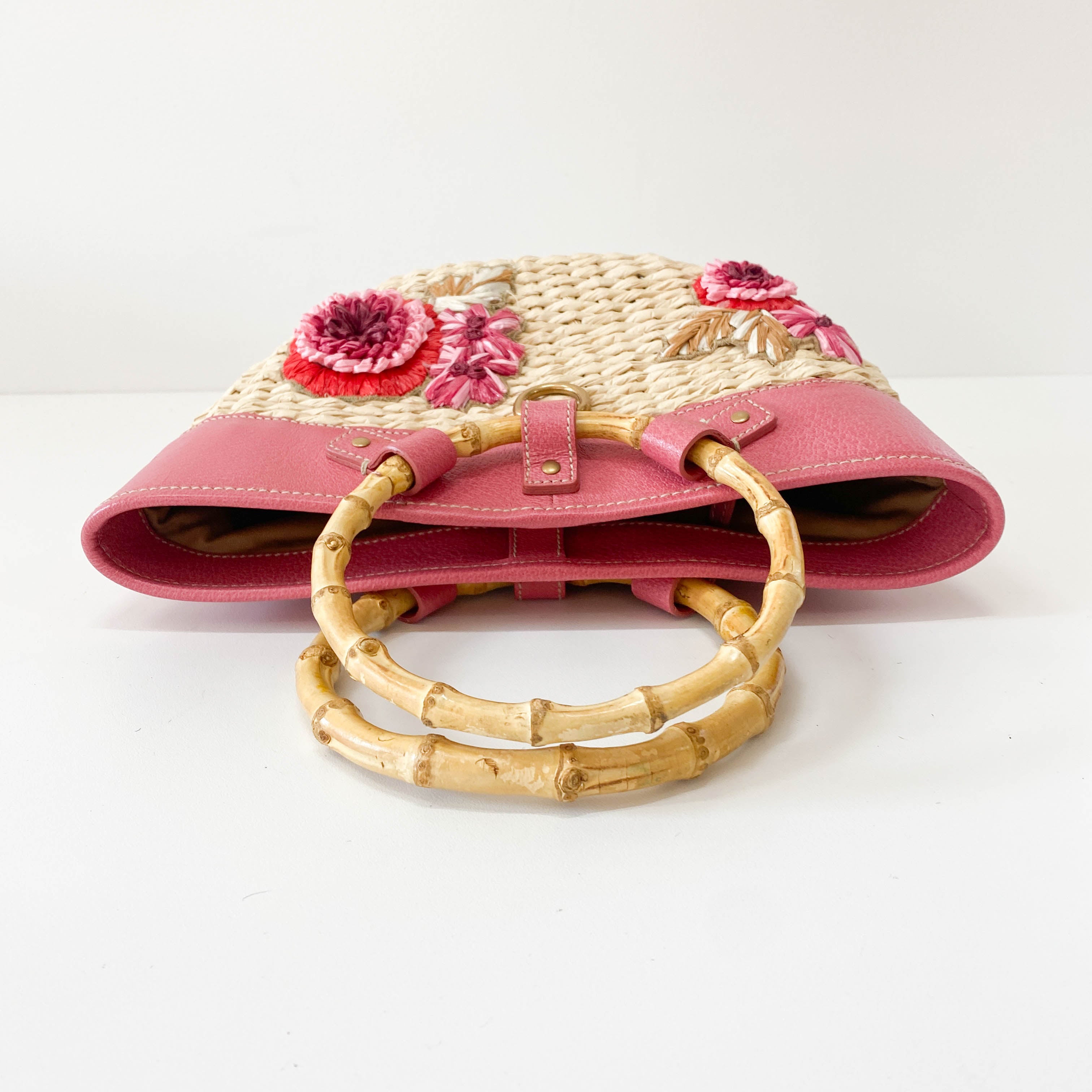 Pink Flowers Embroidery Basket Bag