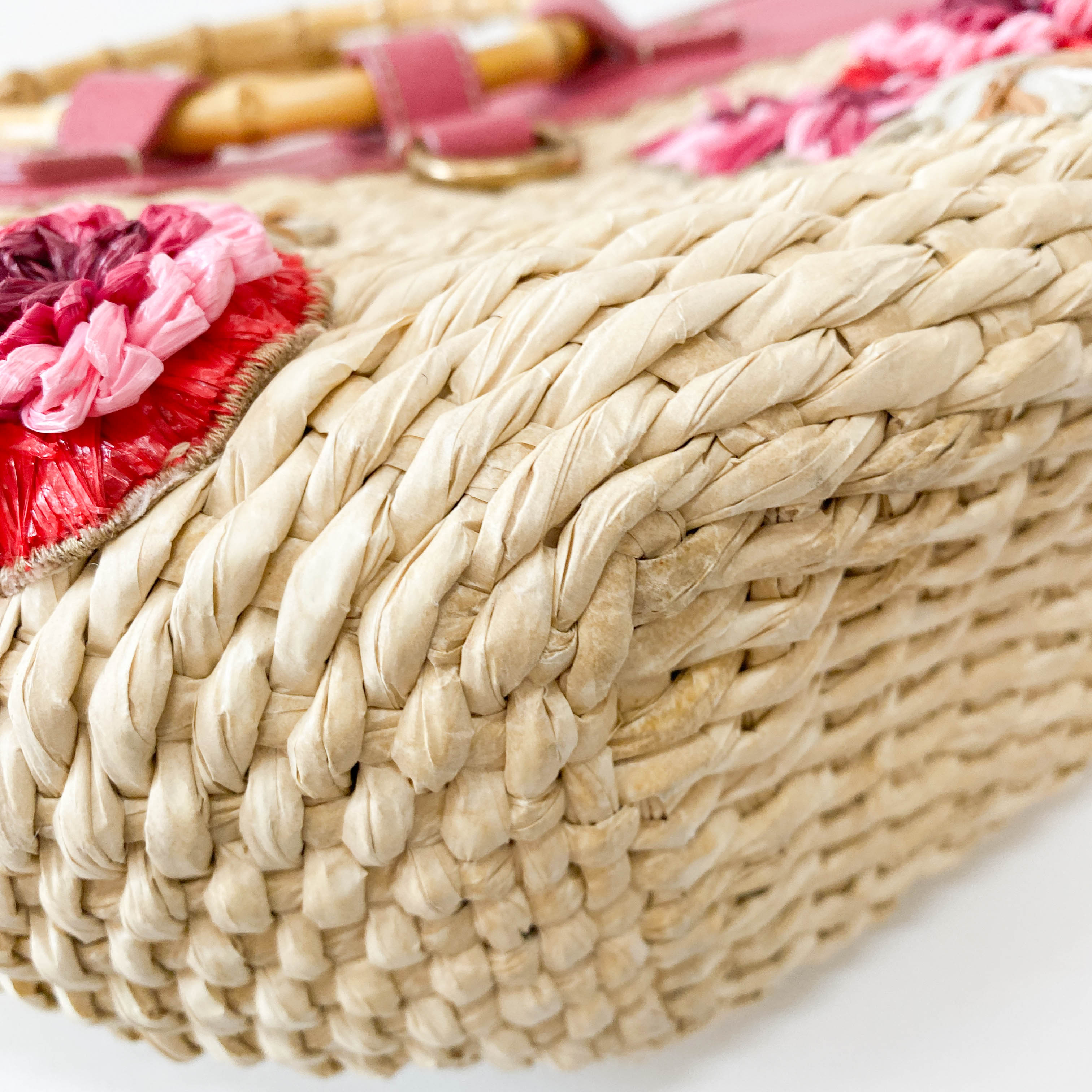 Pink Flowers Embroidery Basket Bag