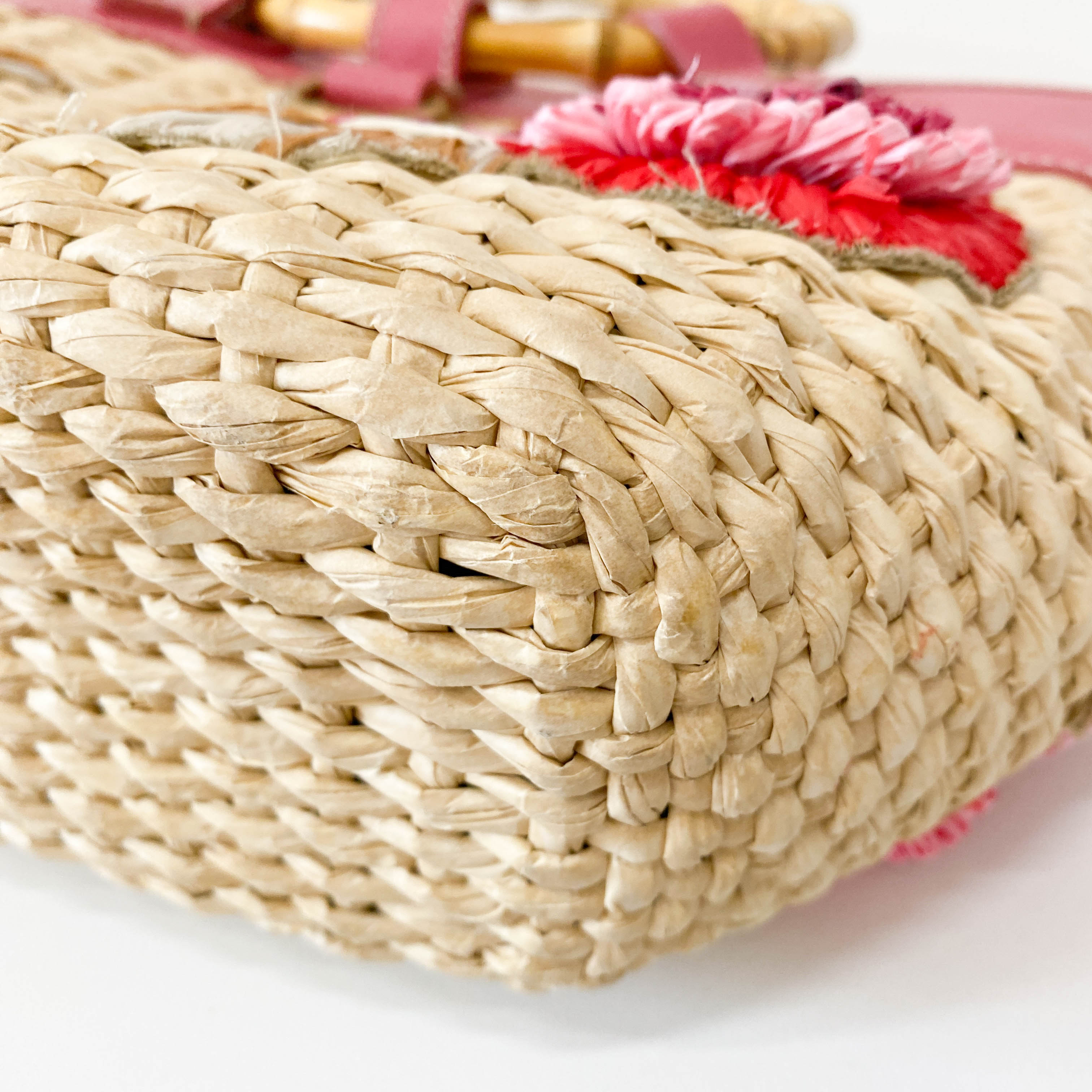 Pink Flowers Embroidery Basket Bag