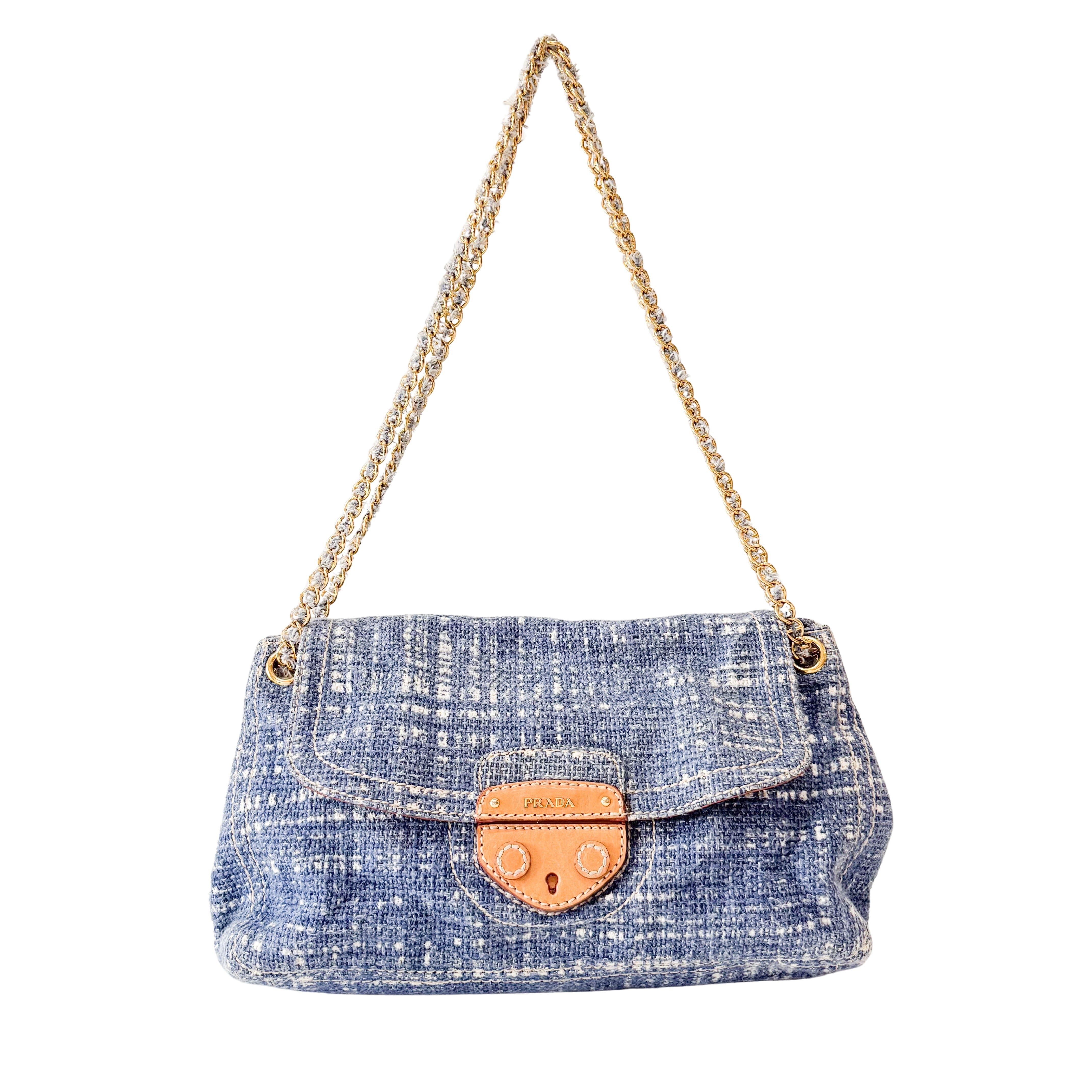 Blue Tweed Chain Shoulder Bag