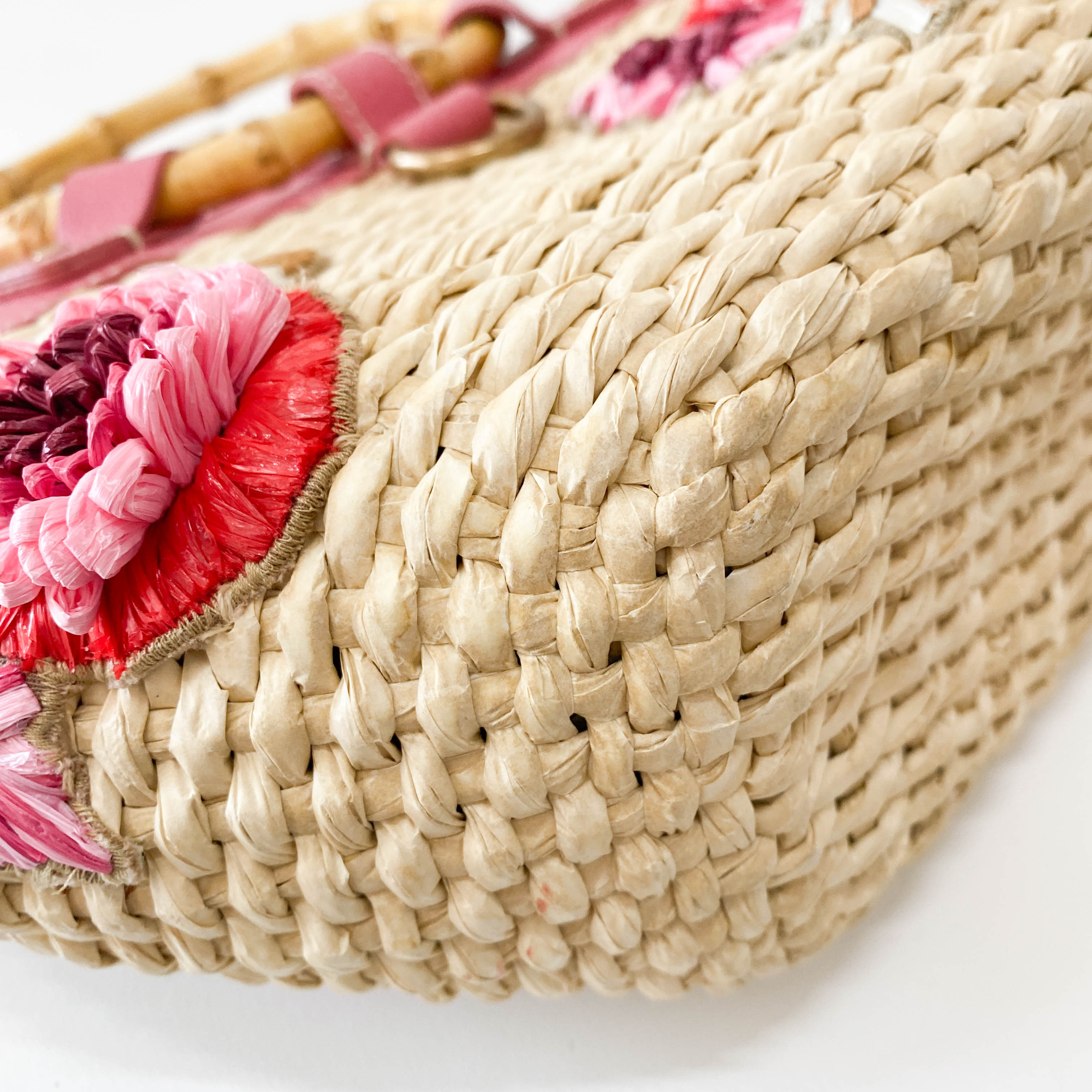 Pink Flowers Embroidery Basket Bag