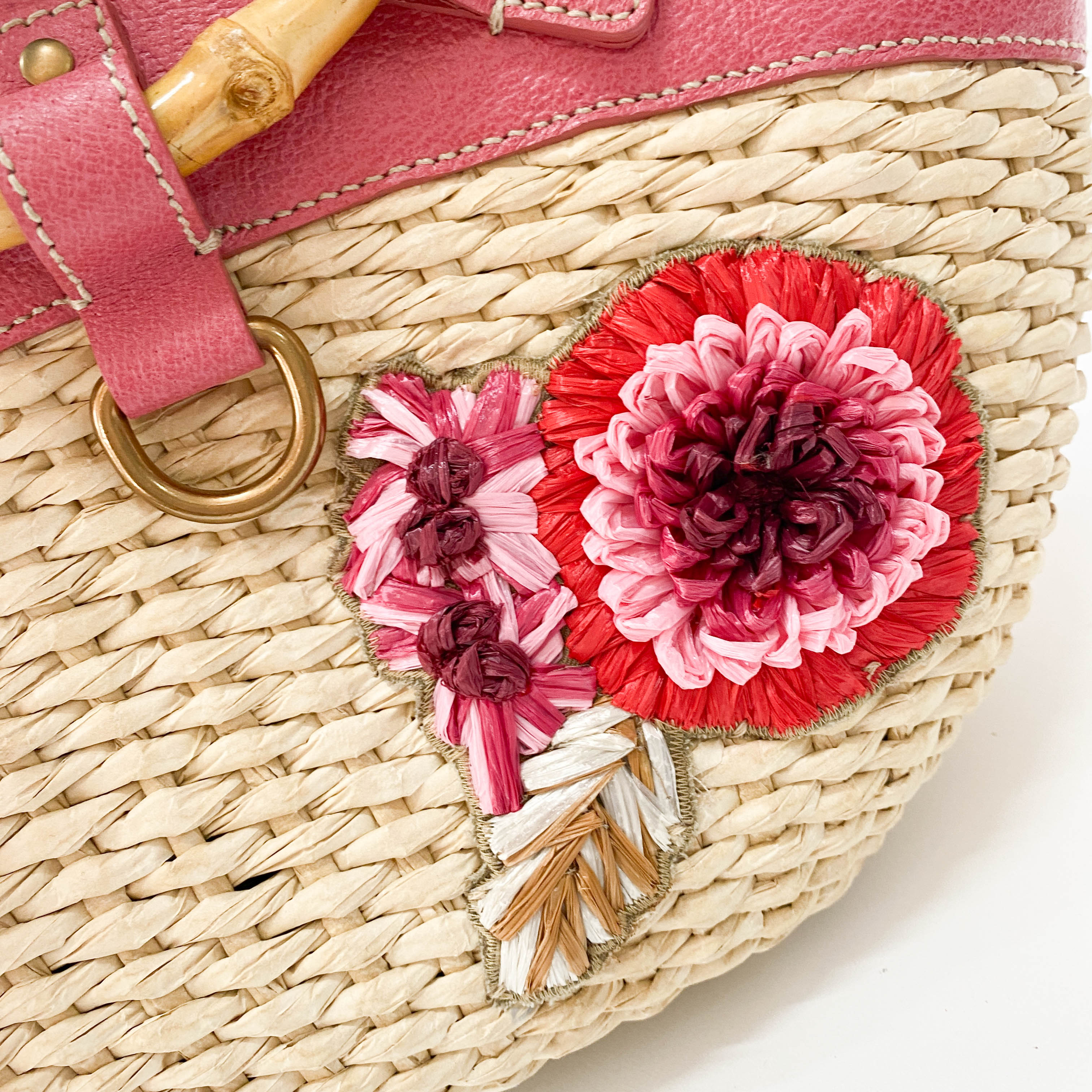 Pink Flowers Embroidery Basket Bag