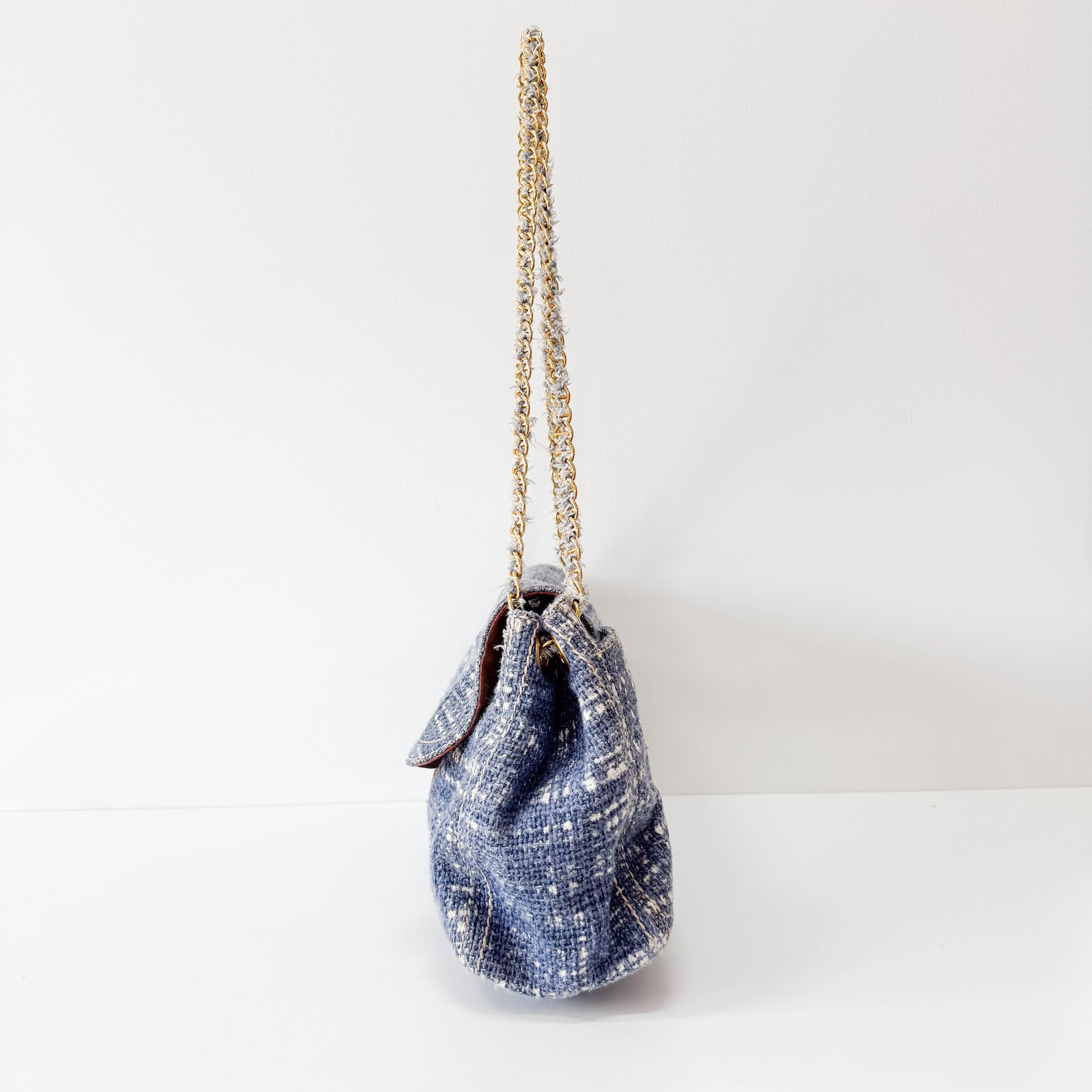 Blue Tweed Chain Shoulder Bag