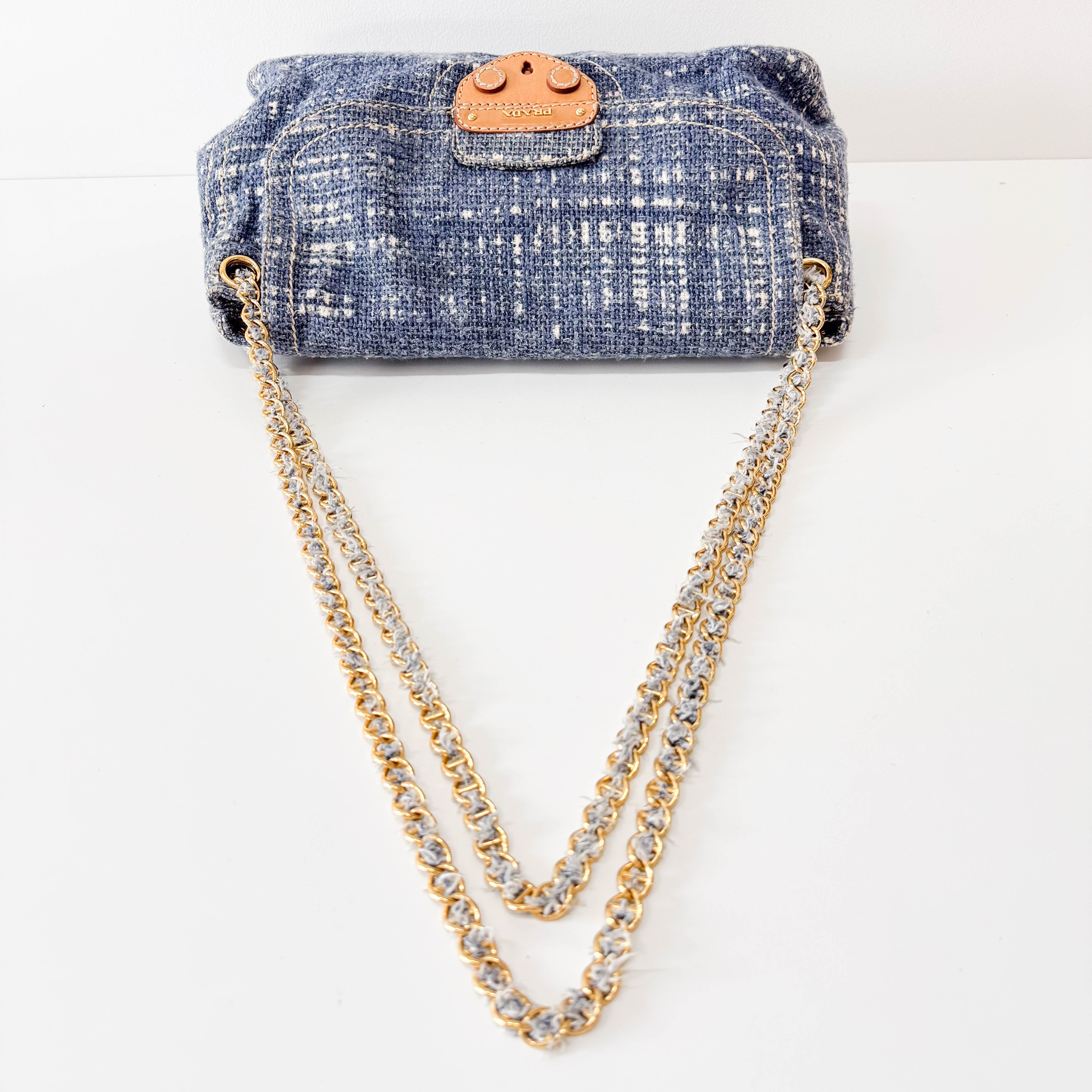 Blue Tweed Chain Shoulder Bag