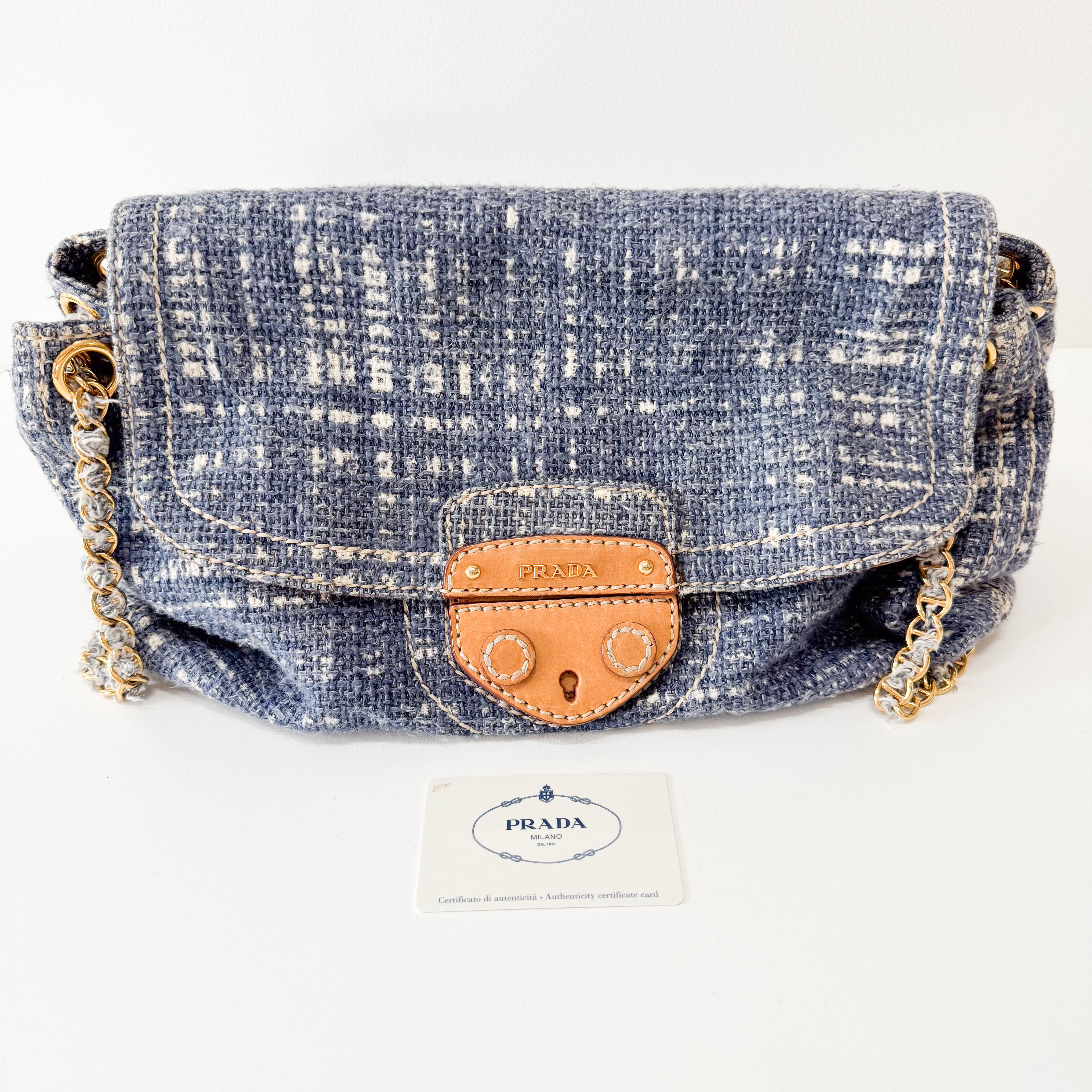 Blue Tweed Chain Shoulder Bag
