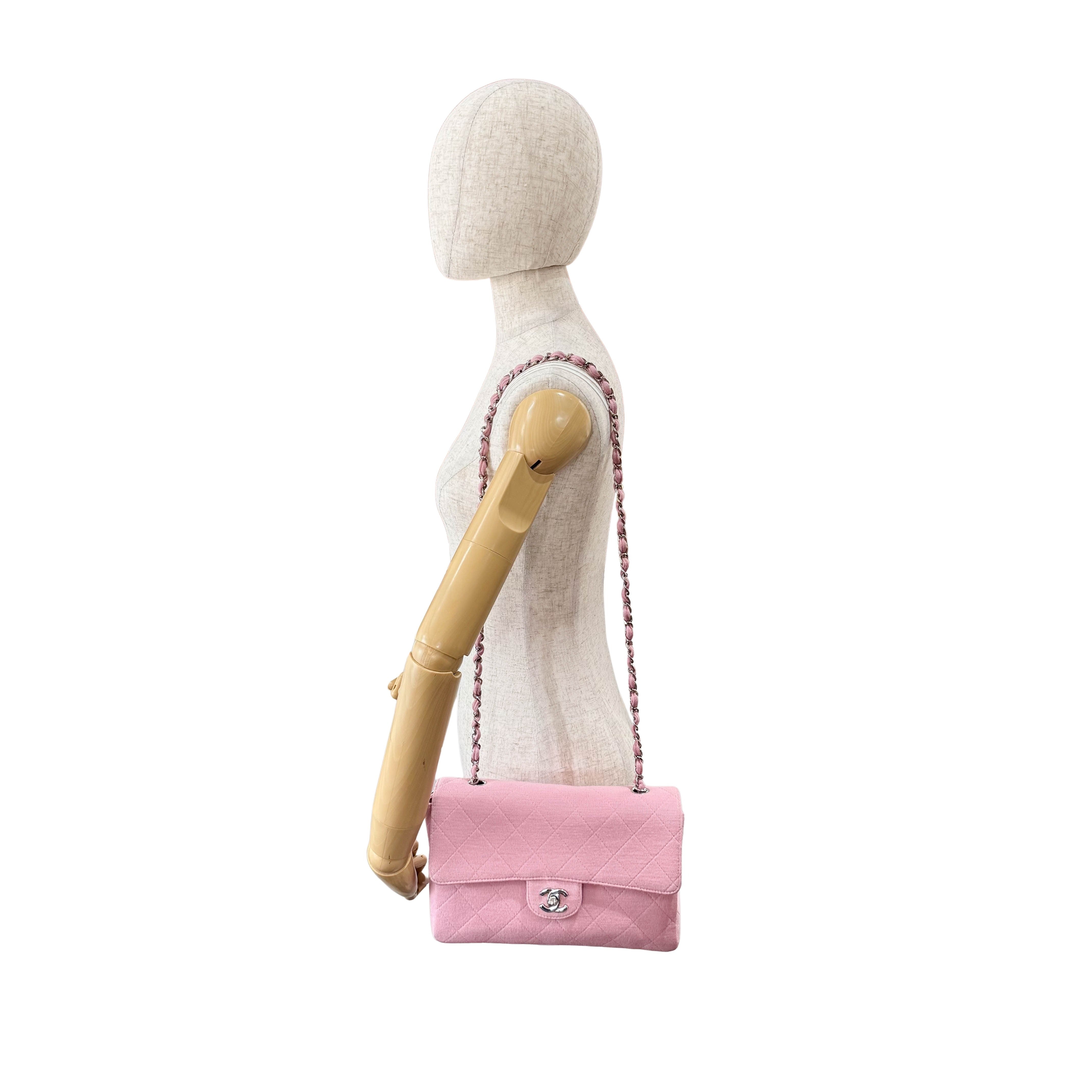 Timeless Classic Pink Cotton Single Flap Silver Chain Shoulder Bag