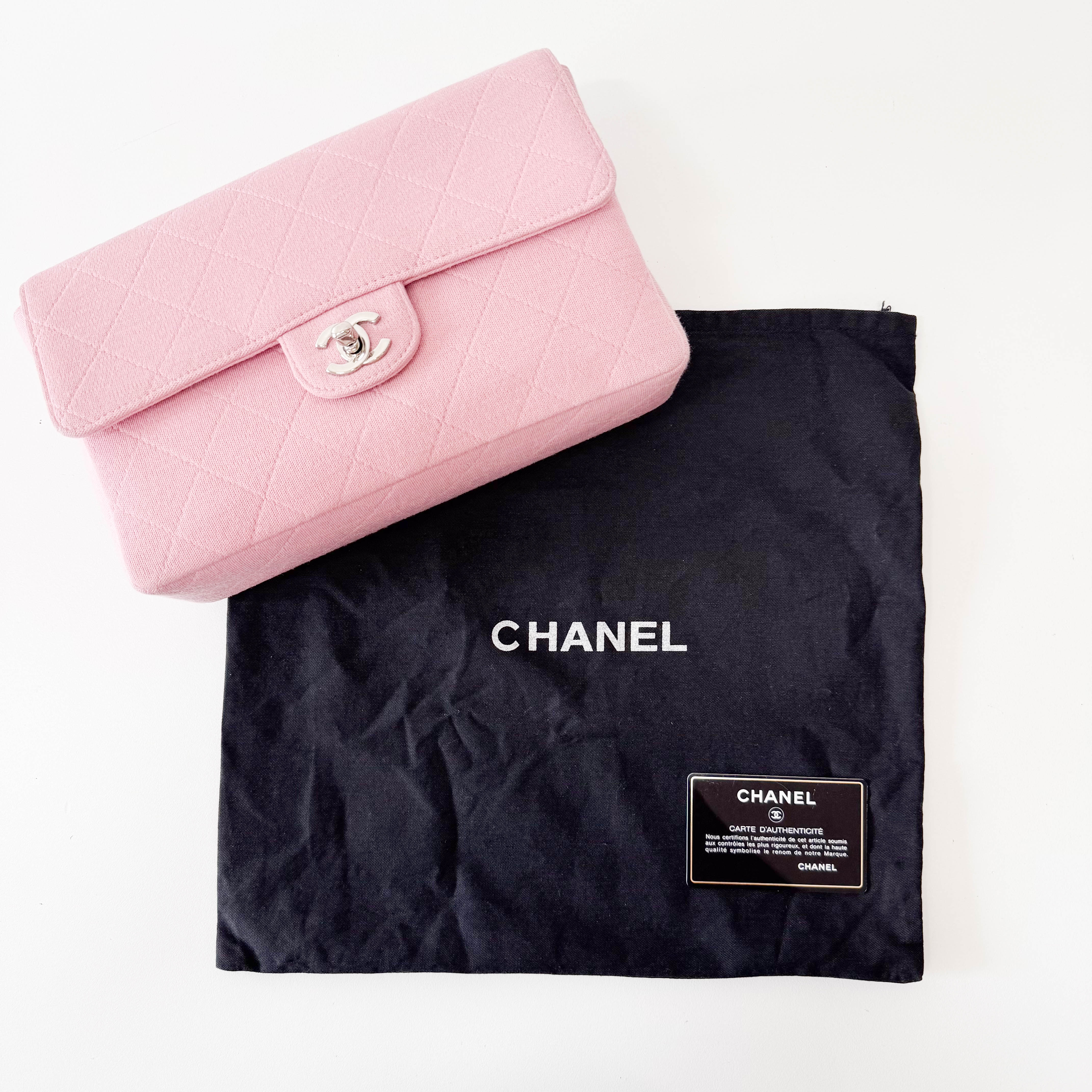 Timeless Classic Pink Cotton Single Flap Silver Chain Shoulder Bag