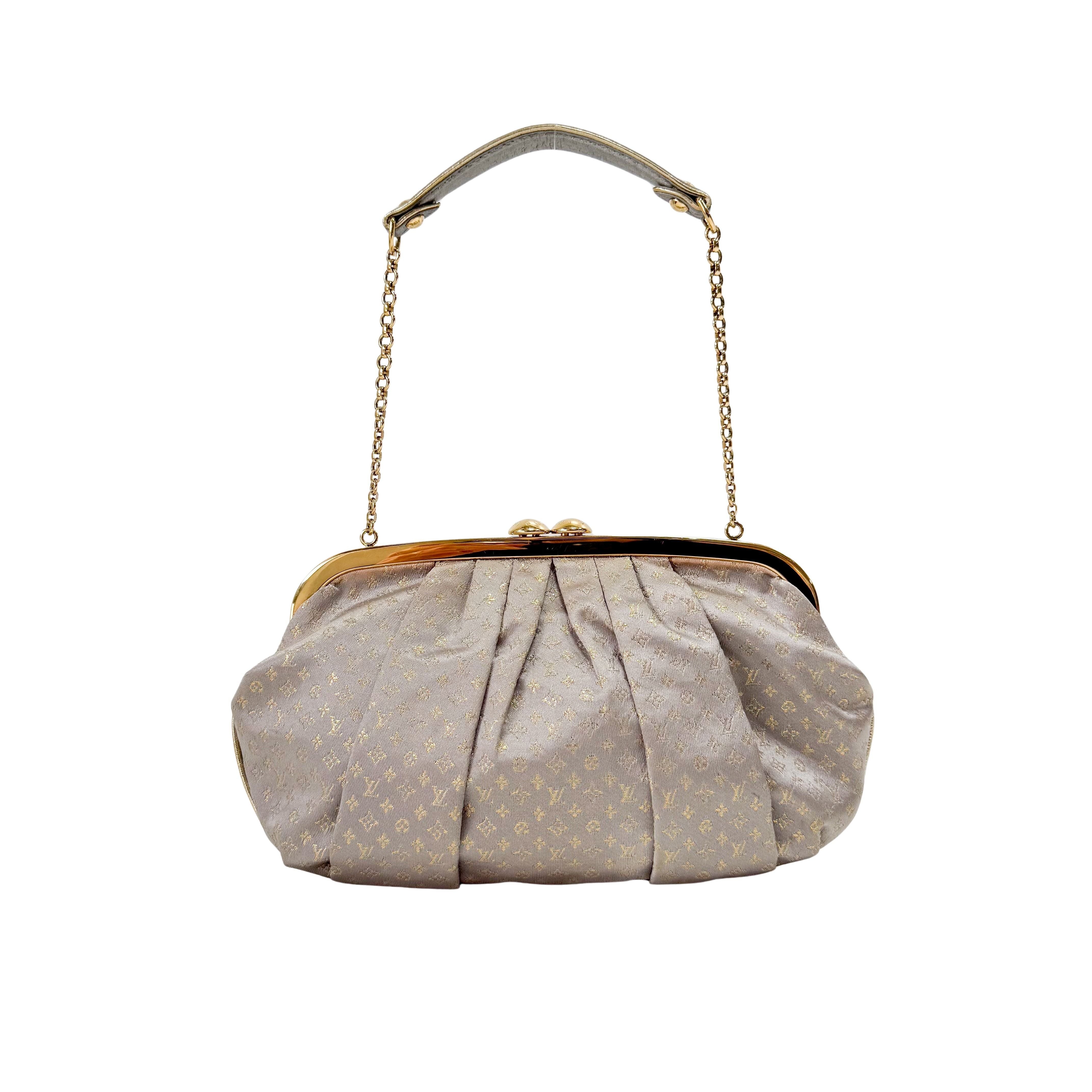 Aumoniere Silver Satin Monogram Clutch with Handle