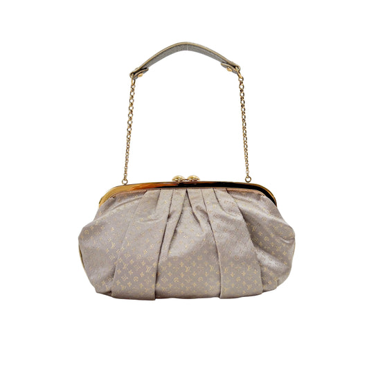 Aumoniere Silver Satin Monogram Clutch with Handle