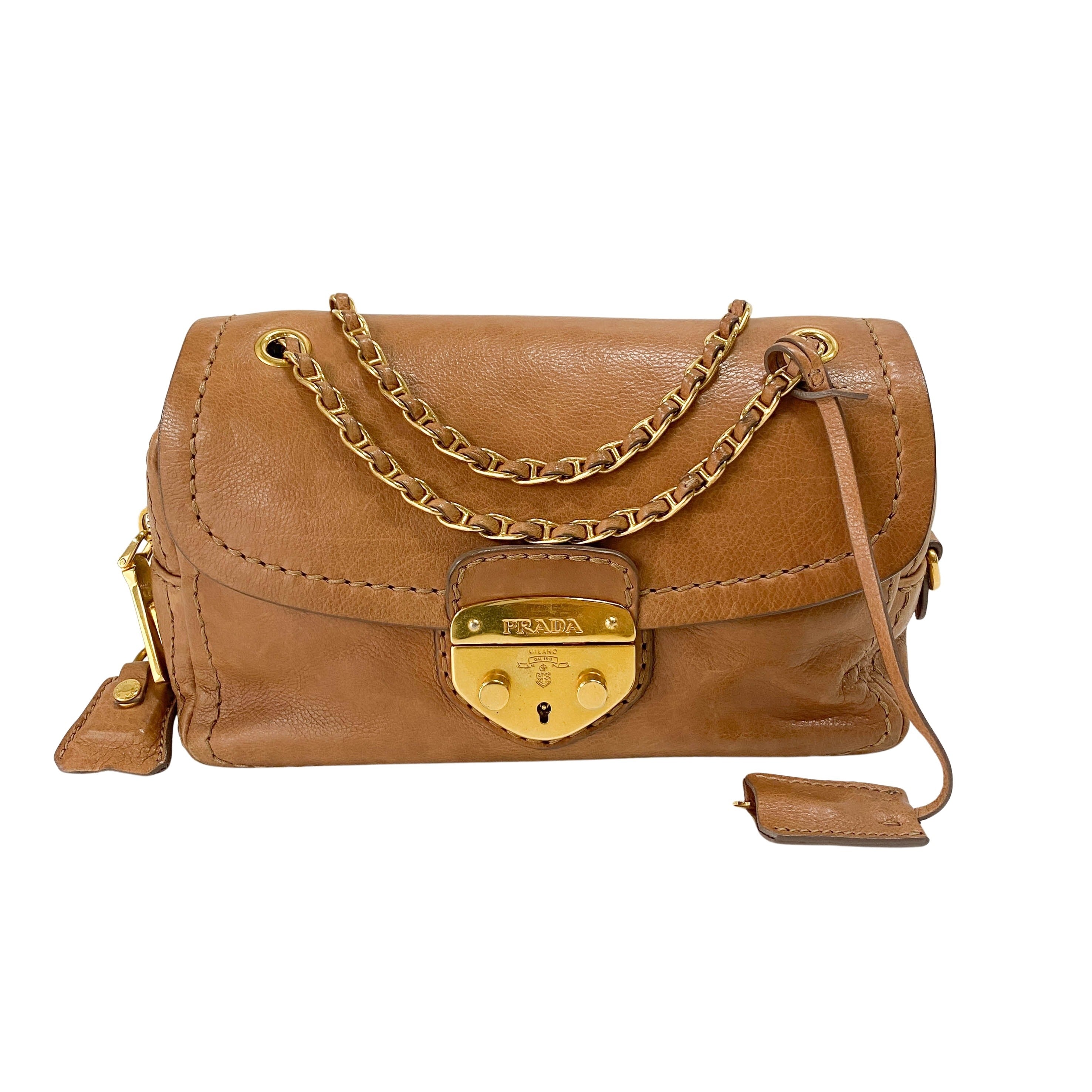 Brown Leather Gold Chain Shoulder Bag