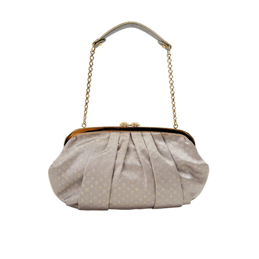 Aumoniere Silver Satin Monogram Clutch with Handle