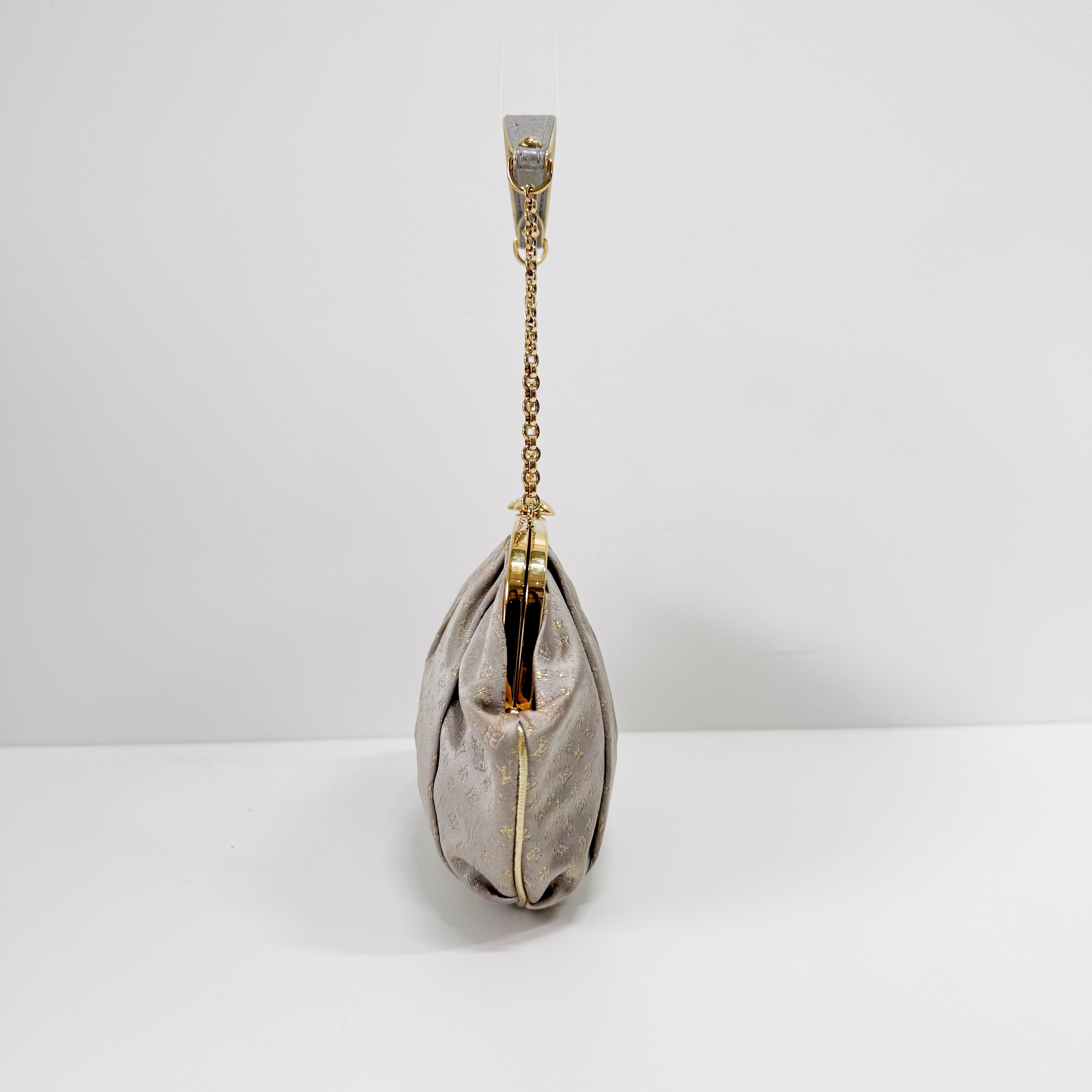 Aumoniere Silver Satin Monogram Clutch with Handle