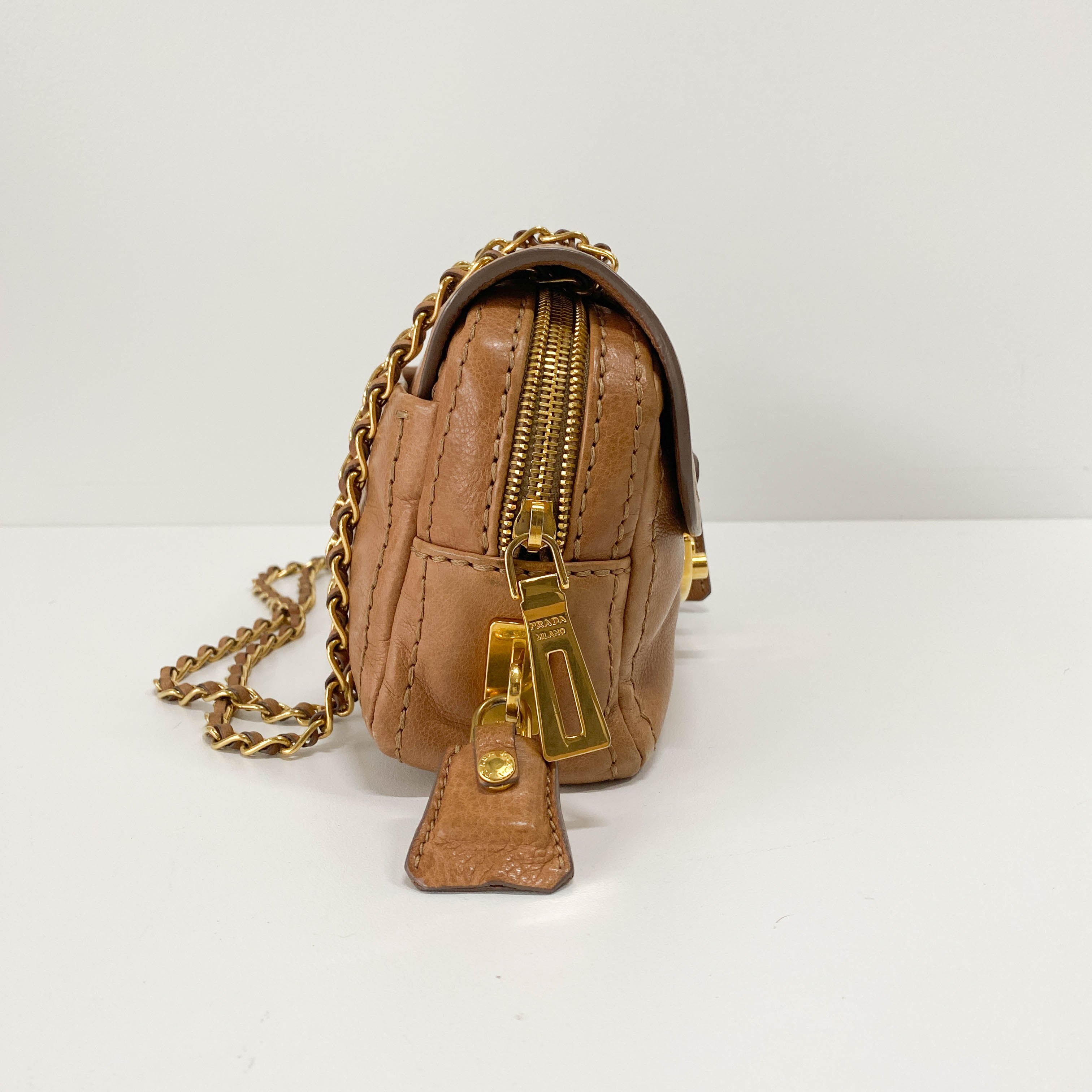 Brown Leather Gold Chain Shoulder Bag