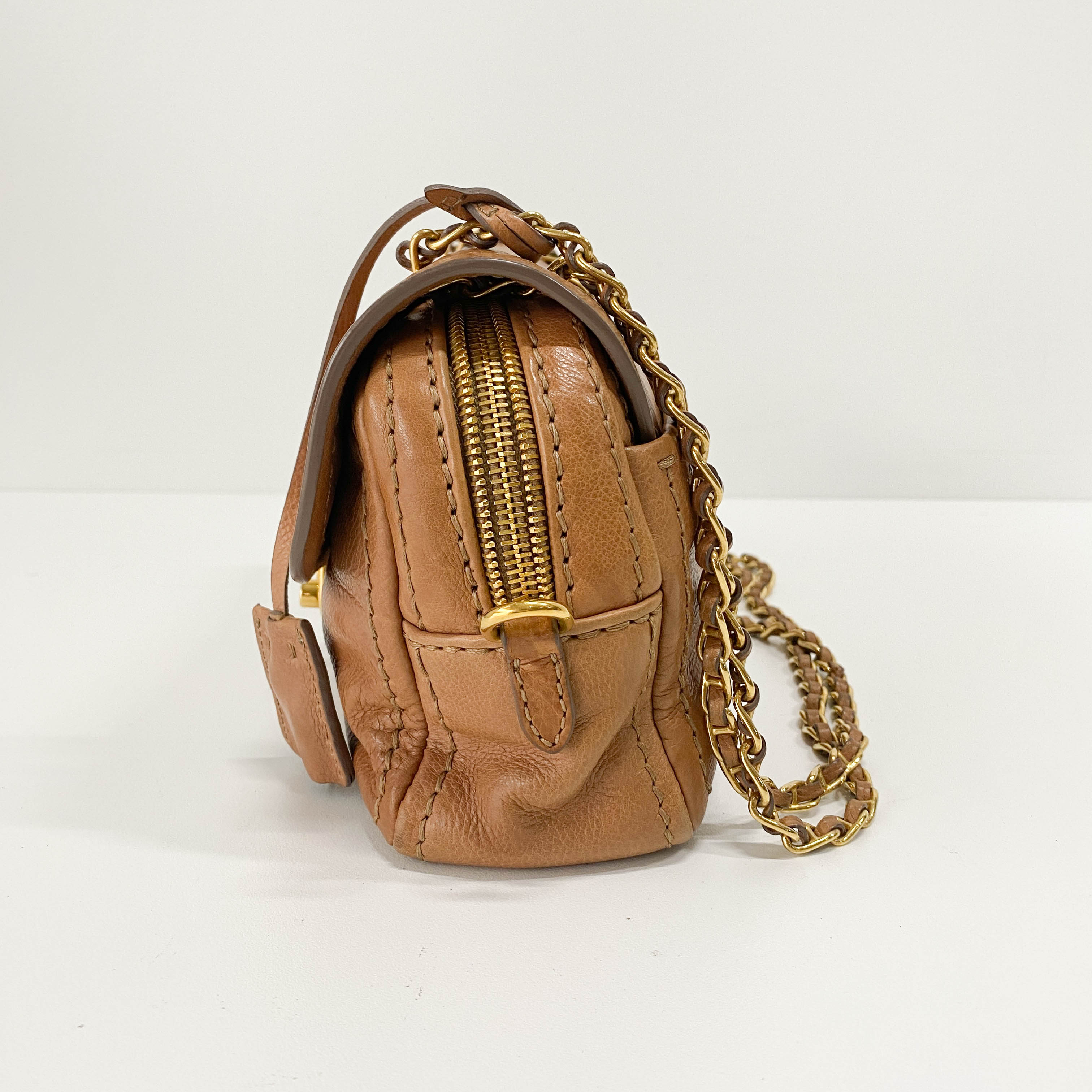 Brown Leather Gold Chain Shoulder Bag