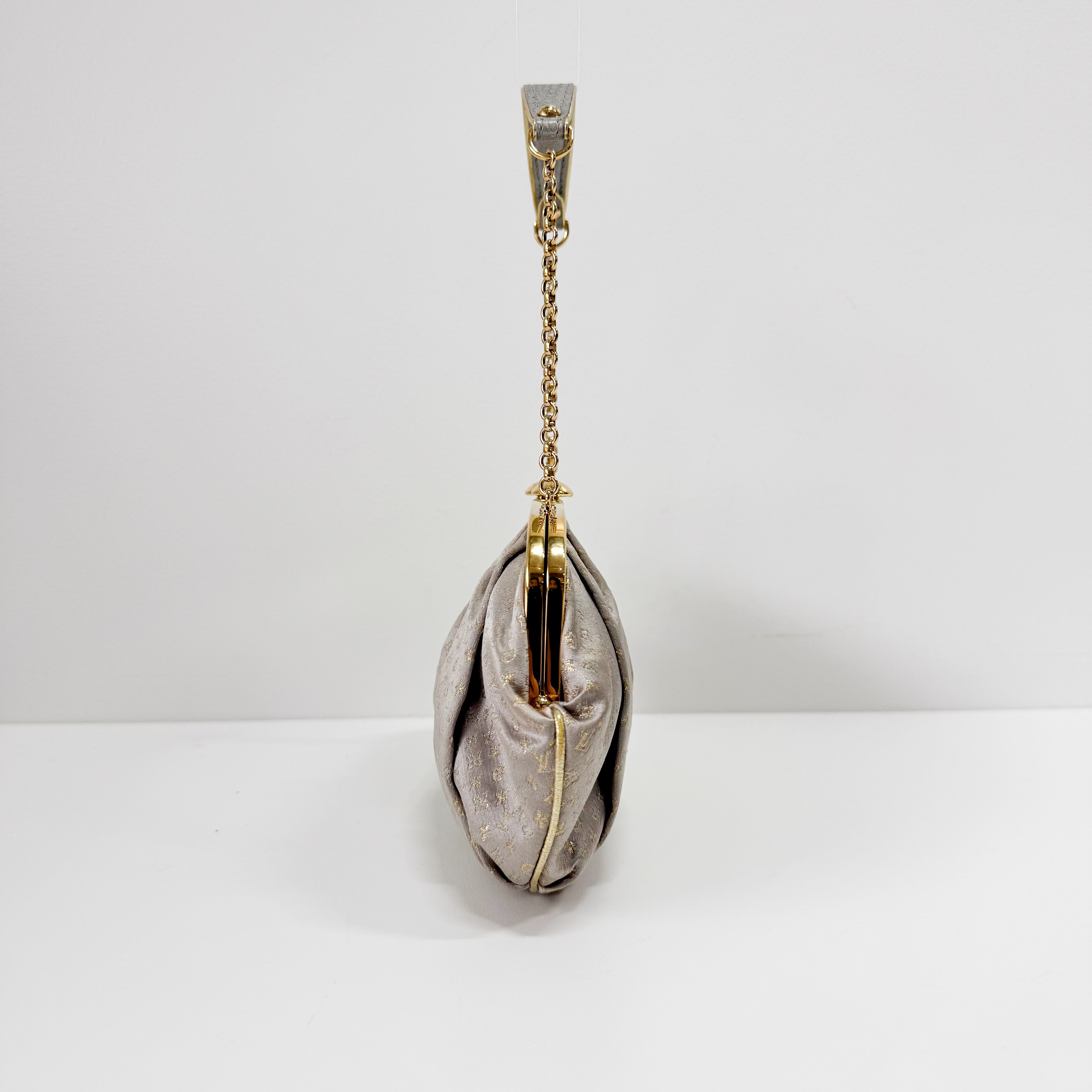 Aumoniere Silver Satin Monogram Clutch with Handle