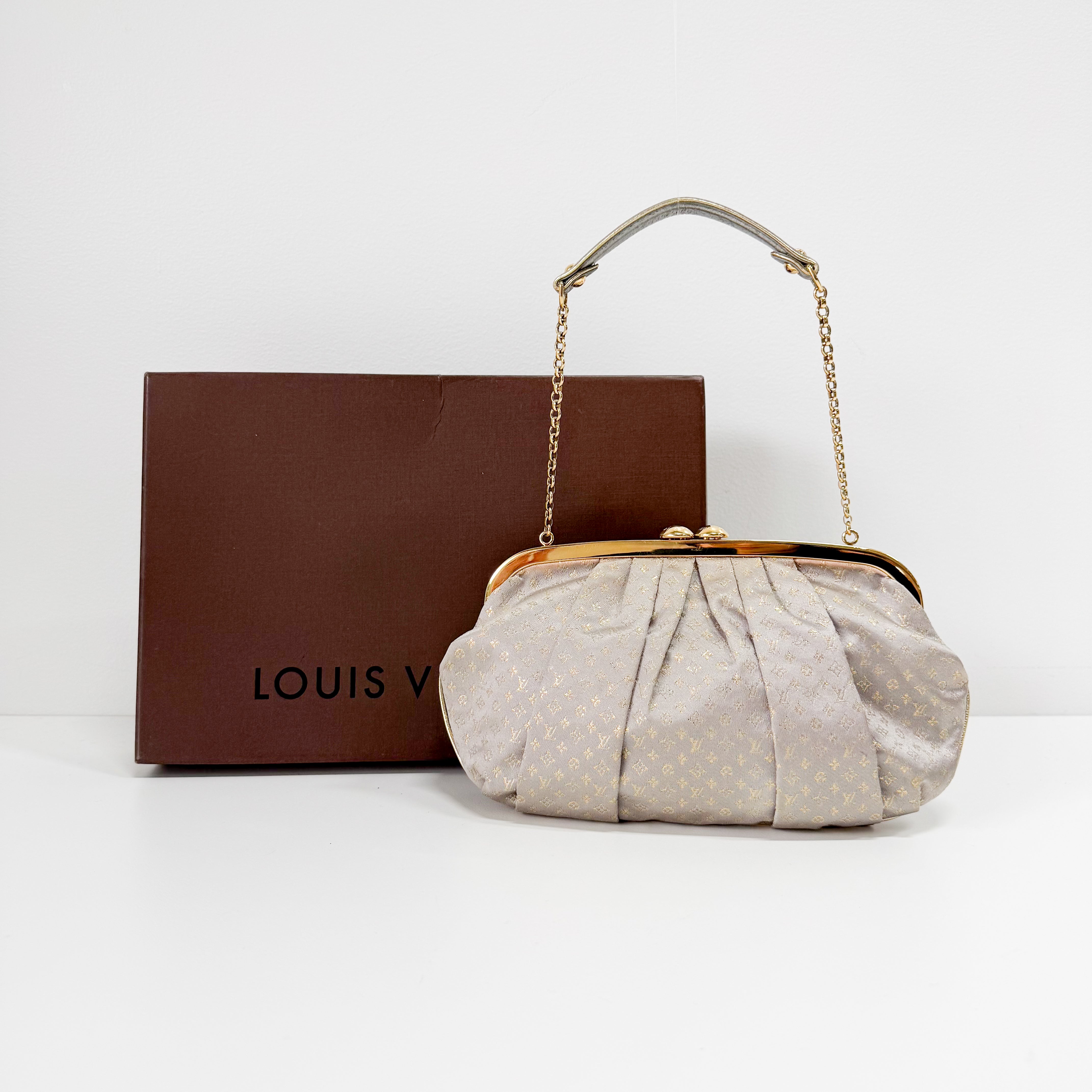 Aumoniere Silver Satin Monogram Clutch with Handle