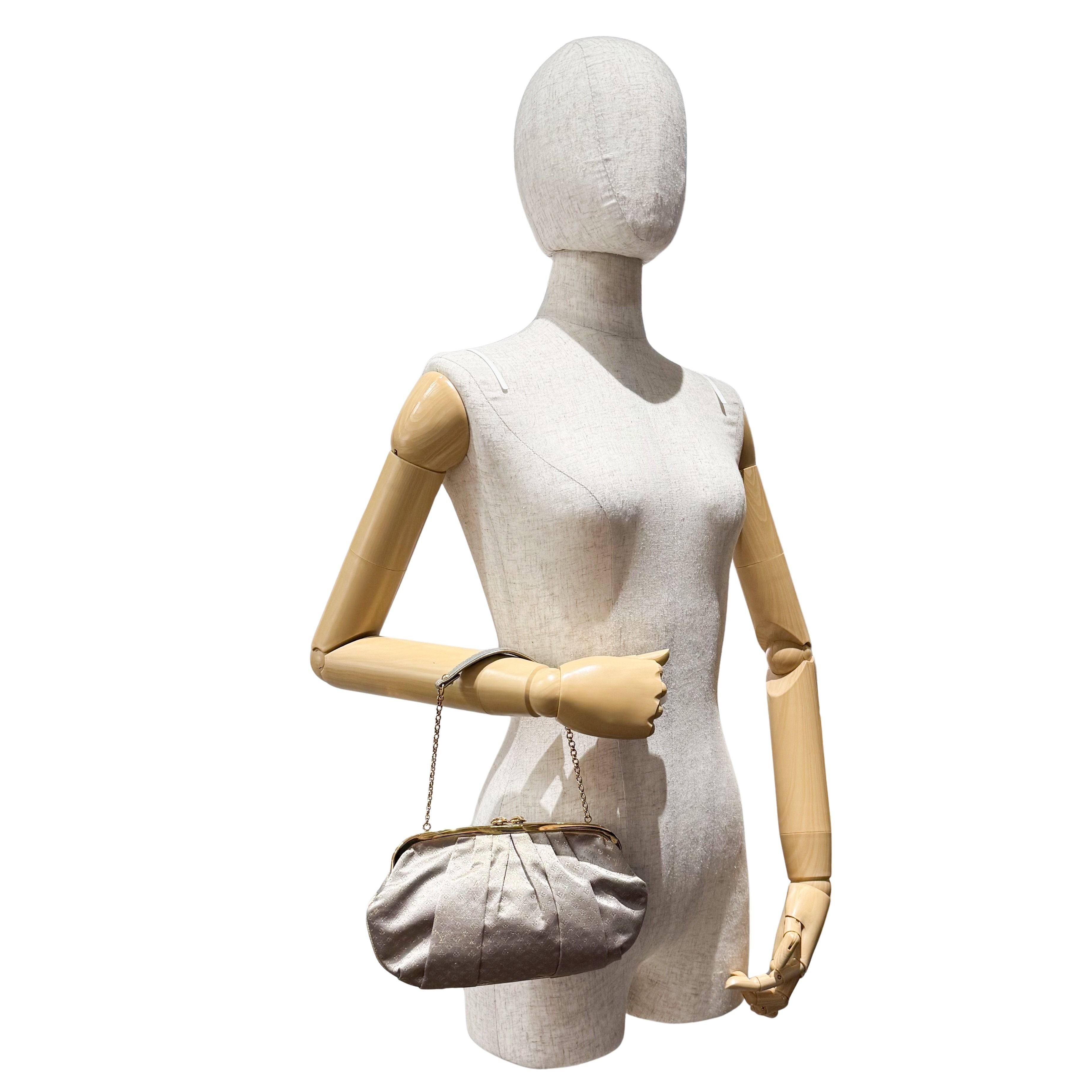 Aumoniere Silver Satin Monogram Clutch with Handle